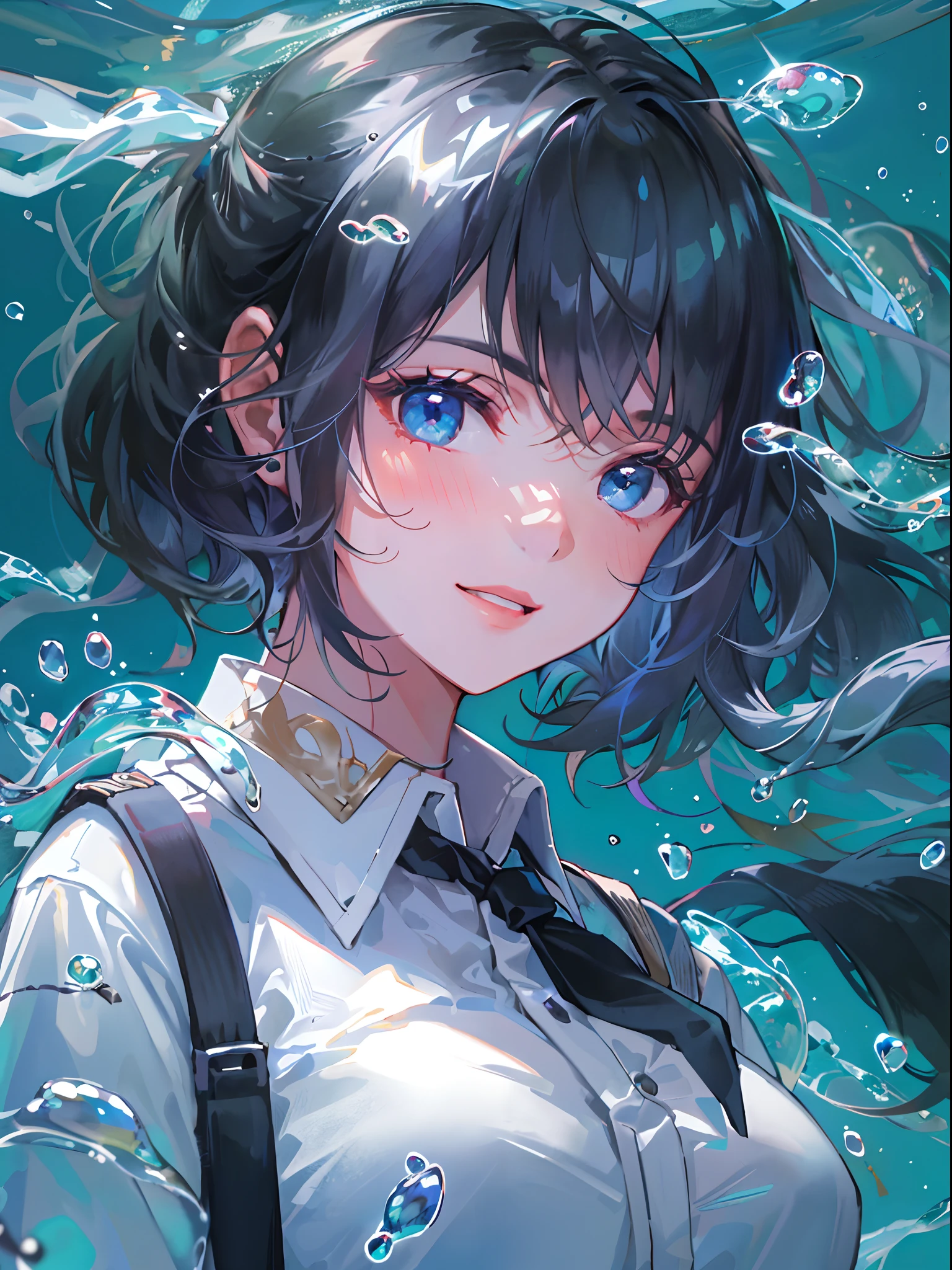 ((top-quality)), ((masterpiece)), ((ultra-detailliert)), (extremely delicate and beautiful), girl with, 独奏, cold attitude,((Black jacket)),She is very(relax)with the(Settled down)Looks,A dark-haired, depth of fields,evil smile,Bubble, under the water, Air bubble,bright light blue eyes,Inner color with black hair and light blue tips,Cold background,Bob Hair - Linear Art, shortpants、knee high socks、White uniform like school uniform、Light blue ribbon ties、Clothes are sheer、Hands in pockets