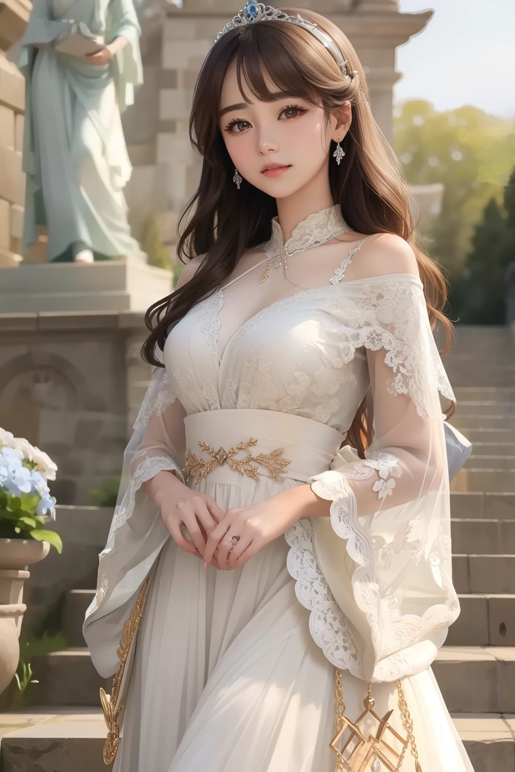 ((top-quality、masterpiece、photographrealistic:1.4、8K))、1 beautiful detailed girl、extremely detailed eye and face、beatiful detailed eyes、(Princess in fantasy style dress)、Luxury Accessories、Elegant smile、(Walking on a long stone staircase outside、Stone statue and castle in the background)、Beautiful lighting、Textured skin、Super Detail、high detailing、High quality、hight resolution、(looking at the viewers)