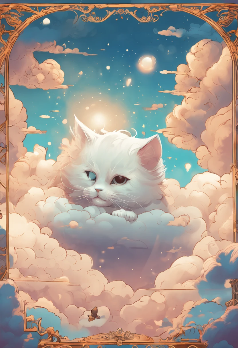 a cute cat in a cloud over some stars framed by clouds on a wall, in the style of digital collage, dreamlike scenarios, animated gifs, ethereal dreamscapes, light brown and sky-blue, tarot card, eiichiro oda