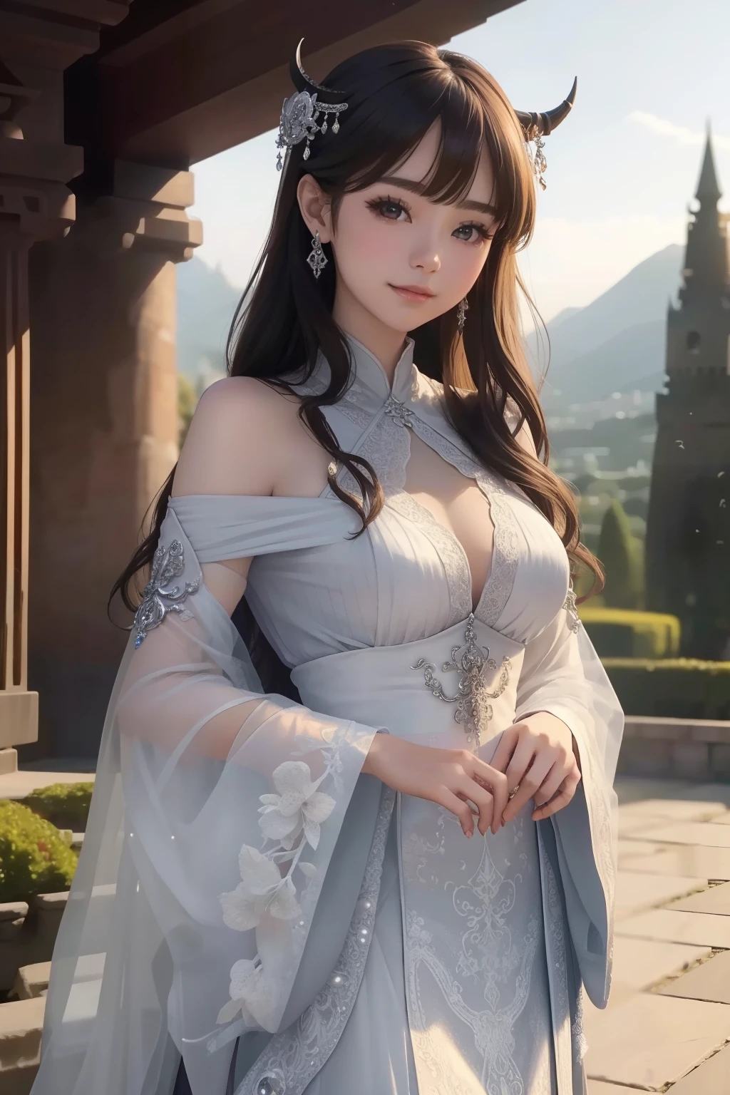 ((top-quality、​masterpiece、photographrealistic:1.4、8K))、1 beautiful detailed girl、extremely detailed eye and face、beatiful detailed eyes、（Princess of the demon world in a fantasy style dress）、Luxury Accessories、Elegant smile、（Walking outside、Stone statue and castle in the background）、Beautiful lighting、Textured skin、Super Detail、high detailing、High quality、hight resolution、（looking at the viewers）、demon realm