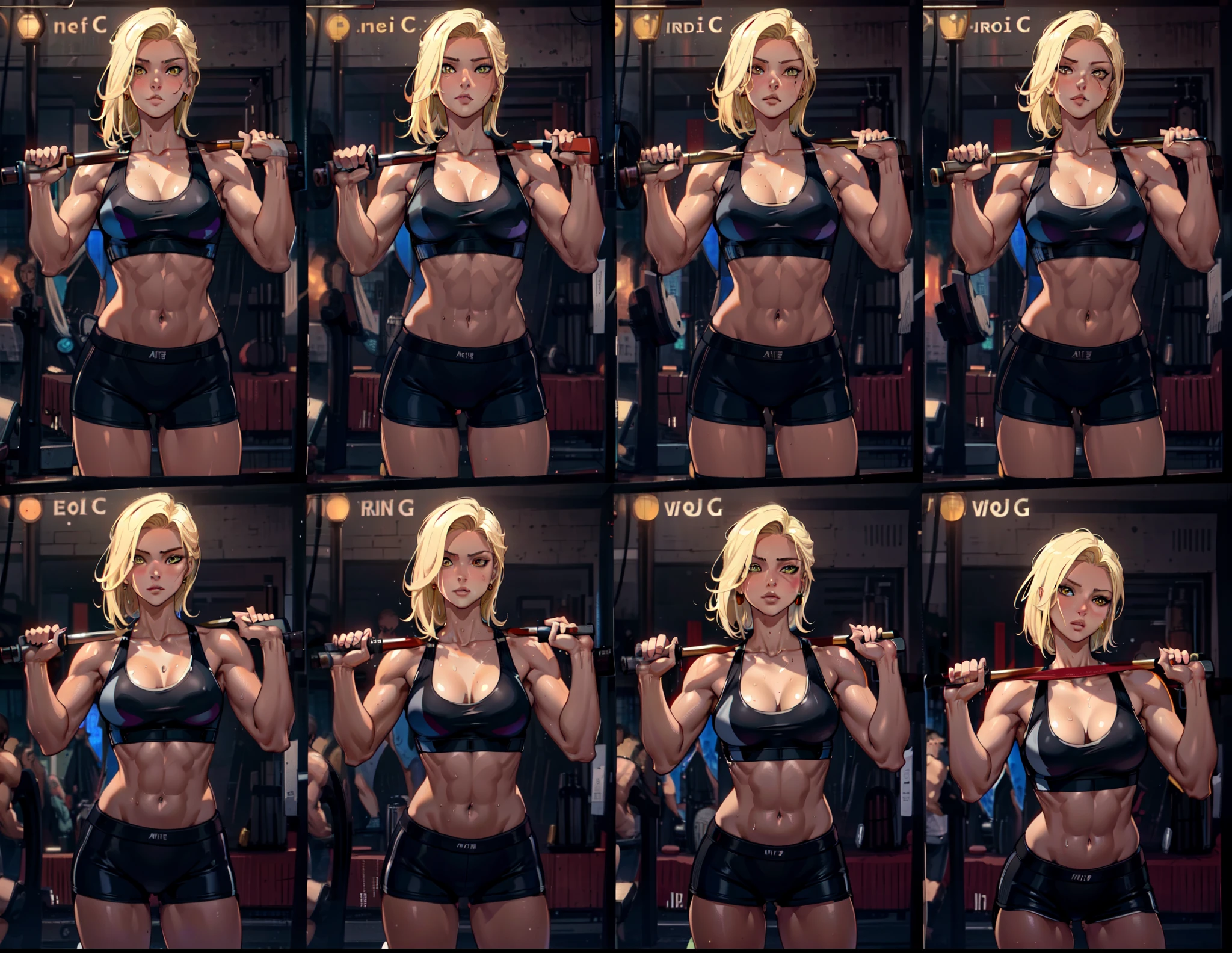 a set of nine different poses of a hot woman, unparalleled masterpiece, ultra realistic 8k CG, perfect artwork, (1girl:1.1) , solo, ((perfect female figure)), (nsfw), looking at viewer, mature female, (teasing), best quality:1.1 , seductive posture, sexy pose, alluring, (beautiful), (curvy), (thick), blonde hair, (yellow eyes:1.2), short hair, earrings, jewelry, denim vest, open vest, black pantyhose, black shirt, denim shorts, striped long sleeves, toned legs, fit, (abs:1.1), (big butt:1.4), peach ass, (athletic body:1.2), (small breasts:1.3, (medium_breasts:1.1), wide_hips:1.5, narrow waist, small waist:1.5, slender body:1.2, thick thighs:1.3), (shiny skin:1.2), (hdr), (street:1.2), Nikon D850 film stock photograph Kodak Portra 400 camera f1.6 lens, rich colors, lifelike texture, dramatic lighting, unreal engine, trending on ArtStation, by Gerald Brom, by Frank Frazetta, by Luis Royo, by Julie Bell, by Boris Vallejo, working out, black underwear, sexy, erotic, a set of nine different poses of a woman in a black outfit, set of high quality hd sprites, spritesheet, intricate, sprite sheet, blond character, fullbody pose, style mix of æon flux, erotic , vfx spritesheet!!!!! arafed woman in a black bikini doing a squat, working out, in a gym, android 18 at the gym, sweaty, gym, sweat, sport bra and shorts, musclar girl , sweaty 4 k, workout, bum, shoulders can be seen, flexing, sweating hard, tomboy, short hair blond girl, arafed image of a woman doing a barbell squat, working out, shoulders up, nicole aniston, nina agdal, gif, thrusters, workout, montage, seamless, toned, in a gym, alana fletcher, upper body!!, put on 1 0 0 pounds of muscle, six packs, lifting weights, well toned, fitness model, muscle definition, by front, look at viwer, beatifull face