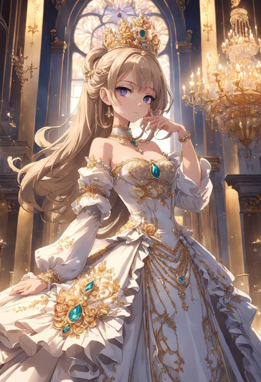 Beauty、long dress、dress、Fancy decoration、luxurious hair ornament、No sleeve、big breasts、smile