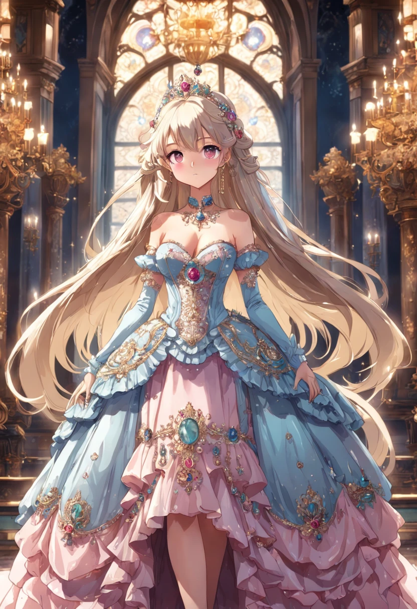 ((anime artstyle)),(Masterpiece),(Best Quality),(Super Detail),(Very Delicate and Beautiful),Solo,((full body,standing pose)),standing in the royal palace,((1 queen in jeweled gorgeous rococo ballgown with voluminous full length hoop skirt)),(crinoline),gorgeousfull embroidery,(gorgeous gemstone jewelry),(detailed face and eyes),jewel-like eyes,((large amount of straight hair,extremely Long voluminous Hair)),((gigantic breasts,Long breasts,skindentation)),gorgeousfull embroidery,cleavage,extremely gorgeousfull hair ornament,(bling-bling extremely gorgeousfull jeweled tiara),gorgeous corsage,(Dynamic Angle),Looking at viewer,((full body))
