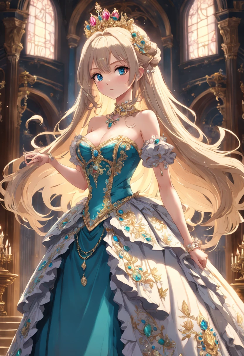 ((anime artstyle)),(Masterpiece),(Best Quality),(Super Detail),(Very Delicate and Beautiful),Solo,((full body,standing pose)),standing in the royal palace,((1 queen in jeweled gorgeous rococo ballgown with voluminous full length hoop skirt)),(crinoline),gorgeousfull embroidery,(gorgeous gemstone jewelry),(detailed face and eyes),jewel-like eyes,((large amount of straight hair,extremely Long voluminous Hair)),((gigantic breasts,Long breasts,skindentation)),gorgeousfull embroidery,cleavage,extremely gorgeousfull hair ornament,(bling-bling extremely gorgeousfull jeweled tiara),gorgeous corsage,(Dynamic Angle),Looking at viewer,((full body))