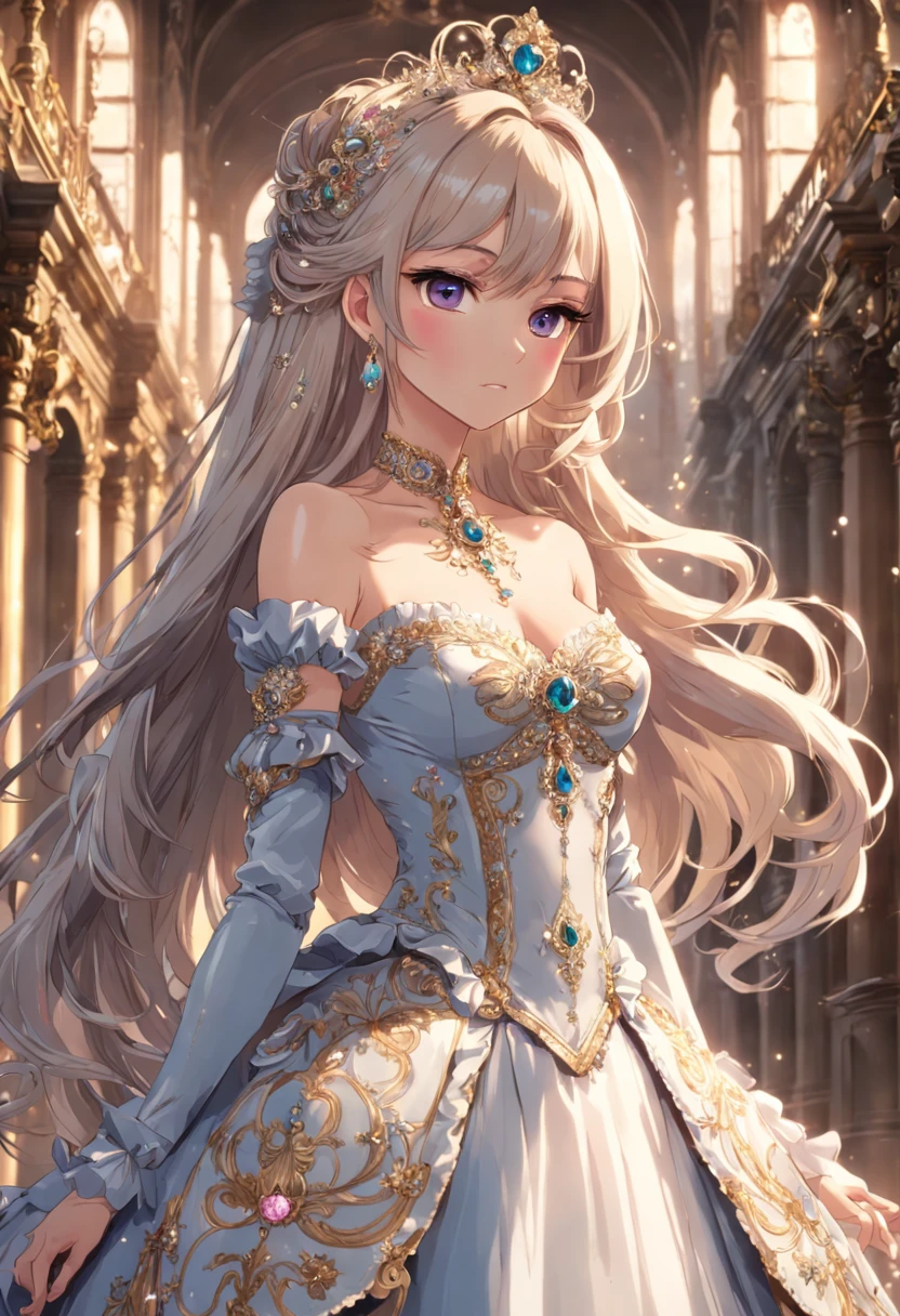 ((anime artstyle)),(Masterpiece),(Best Quality),(Super Detail),(Very Delicate and Beautiful),Solo,((full body,standing pose)),standing in the royal palace,((1 queen in jeweled gorgeous rococo ballgown with voluminous full length hoop skirt)),(crinoline),gorgeousfull embroidery,(gorgeous gemstone jewelry),(detailed face and eyes),jewel-like eyes,((large amount of straight hair,extremely Long voluminous Hair)),((gigantic breasts,Long breasts,skindentation)),gorgeousfull embroidery,cleavage,extremely gorgeousfull hair ornament,(bling-bling extremely gorgeousfull jeweled tiara),gorgeous corsage,(Dynamic Angle),Looking at viewer,((full body))