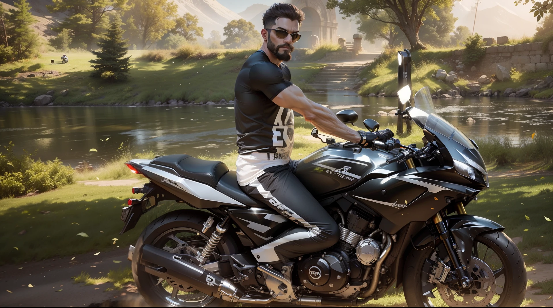 Fantasy sports bike body builder change background don't change fece realistic 8K photo