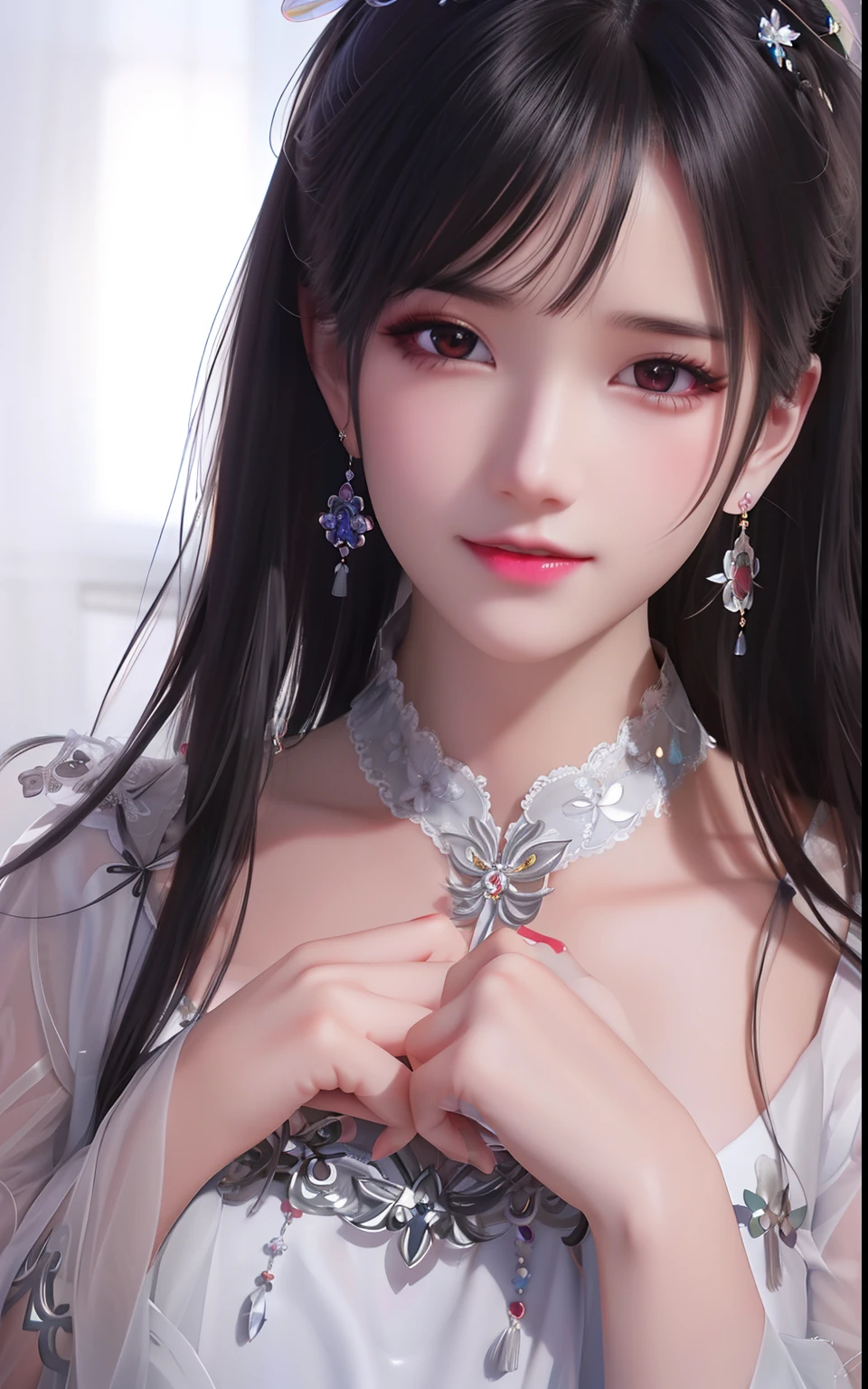 Black long hair anime girl wearing white dress and earrings, Guviz-style artwork, Guviz, Smooth anime CG art, 8K high quality detailed art, [ 4 K digital art ]!!, digital art of an elegant, a beautiful anime portrait, Realistic. Cheng Yi, in the art style of bowater, made with anime painter studio