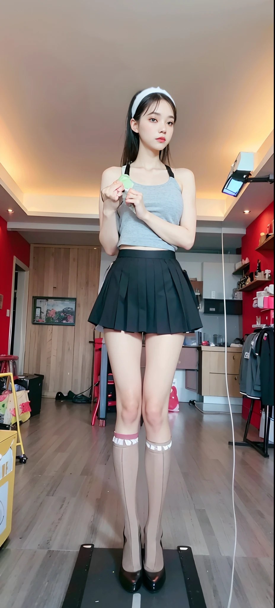 1girl in, Best Quality, standing split, Spread legs, Smile, medium breasts⁩, small hip, pale skin, vaginal, Pubic hair, underboob, Slim body, twinPonytail, 18 years old, very short pleated miniskirt, zettai ryouiki, arms up, very short length shirts with open chest, pussy juice stain