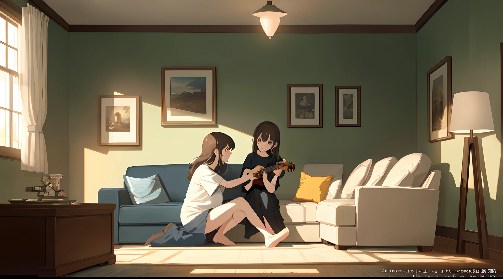 「Two Women, Wearing a comfortable t-shirt and panties, Quiet morning、Go crazy with the ukulele in a cozy family room. One woman sits gracefully on the sofa, The other sits comfortably on the floor. The room is well lit by warm sunshine, Create a gentle and captivating anime-style setting, Perfect capture with ultra-wide shots.

Their interaction is beautifully illustrated, Similar to the cover of an apocalyptic movie with a rocket launcher playfully incorporated into the scene. Perfect color backgrounds and spectacular movie backgrounds、Enhance the ambiance of the family room, Make it a truly captivating moment. Full body with highly detailed features, Add a touch of realism to their conversations.

Perfect composition places the character optimally, Color palette optimization creates a captivating color blasting effect. Illuminated lighting emphasizes their proportions, sharpness, and shades, Add depth to your expression. The illuminated natural lighting、Adds even more cozy atmosphere to the room, Optimized dark and light color combinations.

Perfectly thin and bold line combinations enrich your anime art style, Highlight emotions in their heartfelt interactions. This heartwarming scene is a masterpiece, Expertly crafted with the highest quality with sharp focus and centered configuration, Enjoy every detail with captivating 4K resolution."