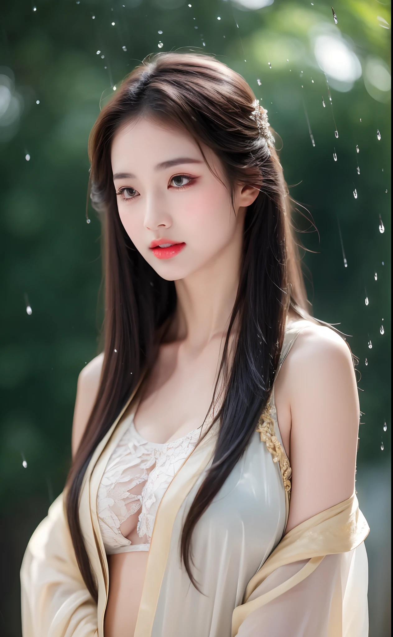 ((Best Quality, 8k, Masterpiece: 1.3)), Focus: 1.2, Perfect Body Beauty: 1.4, Buttocks: 1.2, ((Layered Haircut)), (Wet Clothes: 1.1), (Rain, Street:1.3), (Breasts: 1.2), (Hanfu: 1.2), Bare Shoulders, Bare Legs, Highly Detailed Face and Skin Texture, Fine Eyes, Double Eyelids, Whitened Skin, Long Hair, (Shut Up: 1.5), (Bokeh Background: 1.5), Big Breasts