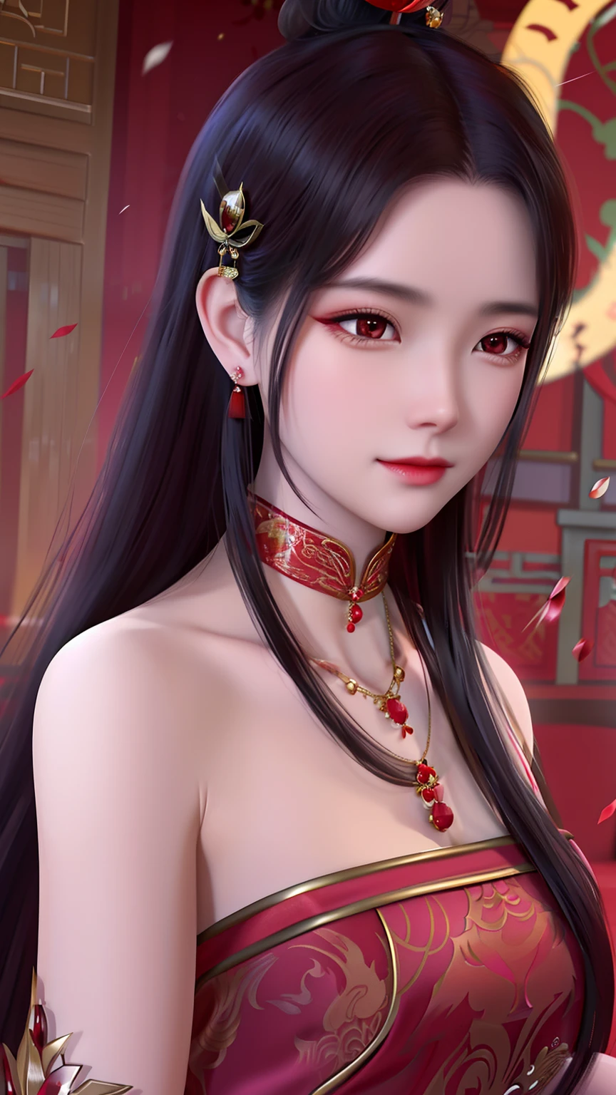 A woman in a red dress,Long hair and gold necklace, Beautiful character painting, Chinese girl, a beautiful fantasy empress, ((a beautiful fantasy empress)), by Yang J, Chinese style, inspired by Du Qiong, trending on cgstation, author:Fan Qi, author:Li Fangying, Guviz-style artwork, author:Qu Leilei