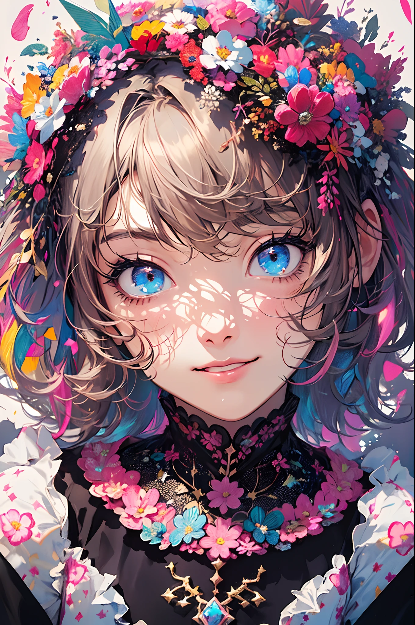 ((flowercrown)),Contemporary art created by tracing traces of colorful ink、masterpiece、ultra-detailliert、pop-art、innocent smiles、eye glass、(1 girl, Solo:1.6),(Cute smile), (Best Impact:1.5), (maximalism:1.7), Vivid contrast, (Realistic), hyperrealistic illustrations, hight resolution, ultra-detailliert, absurderes,(Fractal Art:1.3)、Random hairstyle、Random hair color colorful、FULL BODYSHOT、Retro、Precise focus、randome pose、cinema4d、Drama
