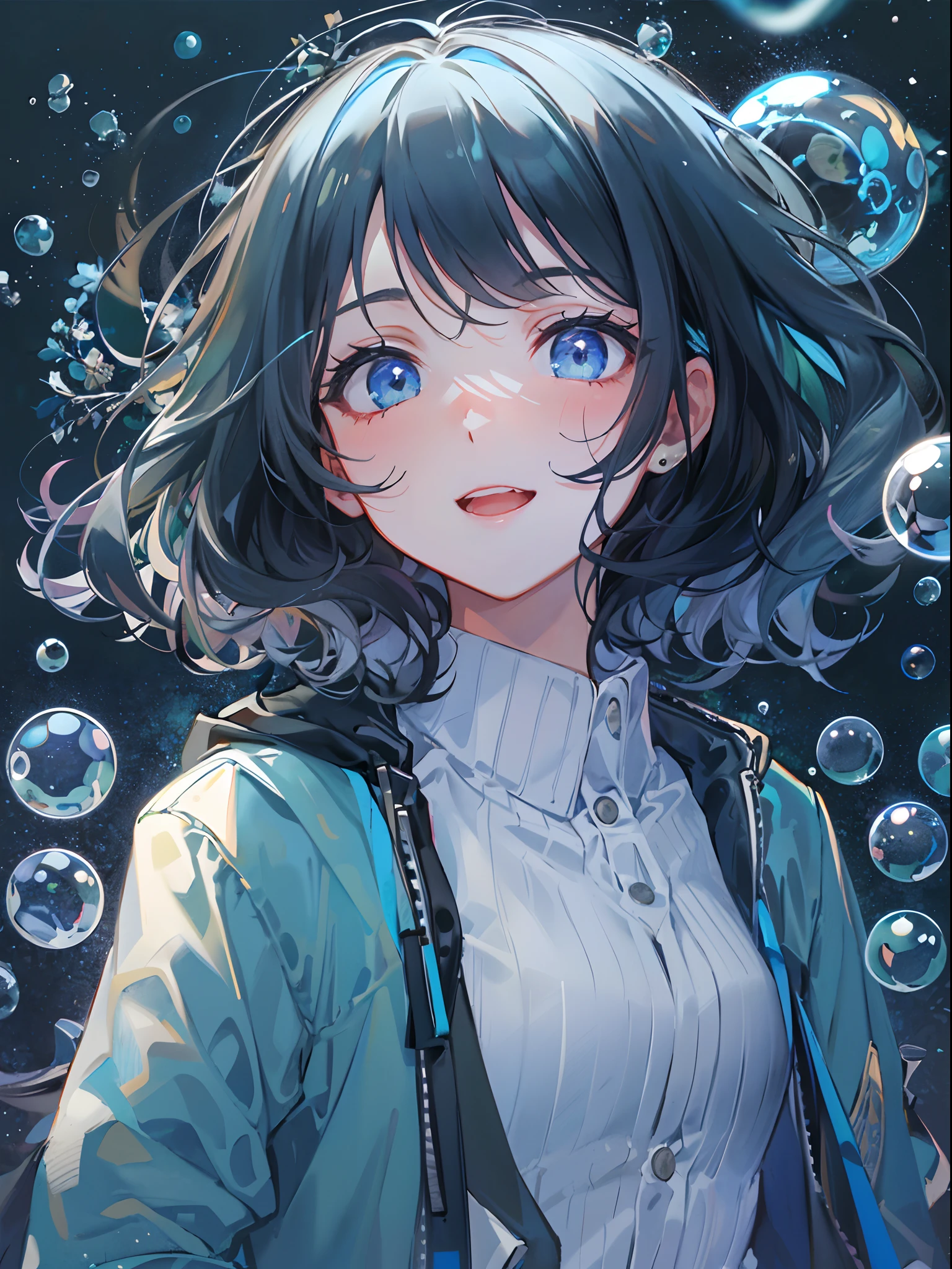 ((top-quality)), ((masterpiece)), ((ultra-detailliert)), (extremely delicate and beautiful), girl with, 独奏, cold attitude,((Black jacket)),She is very(relax)with the(Settled down)Looks,A dark-haired, depth of fields,evil smile,Bubble, under the water, Air bubble,bright light blue eyes,Inner color with black hair and light blue tips,Cold background,Bob Hair - Linear Art, shortpants、knee high socks、White uniform like school uniform、Light blue ribbon ties、Clothes are sheer、Hands in pockets