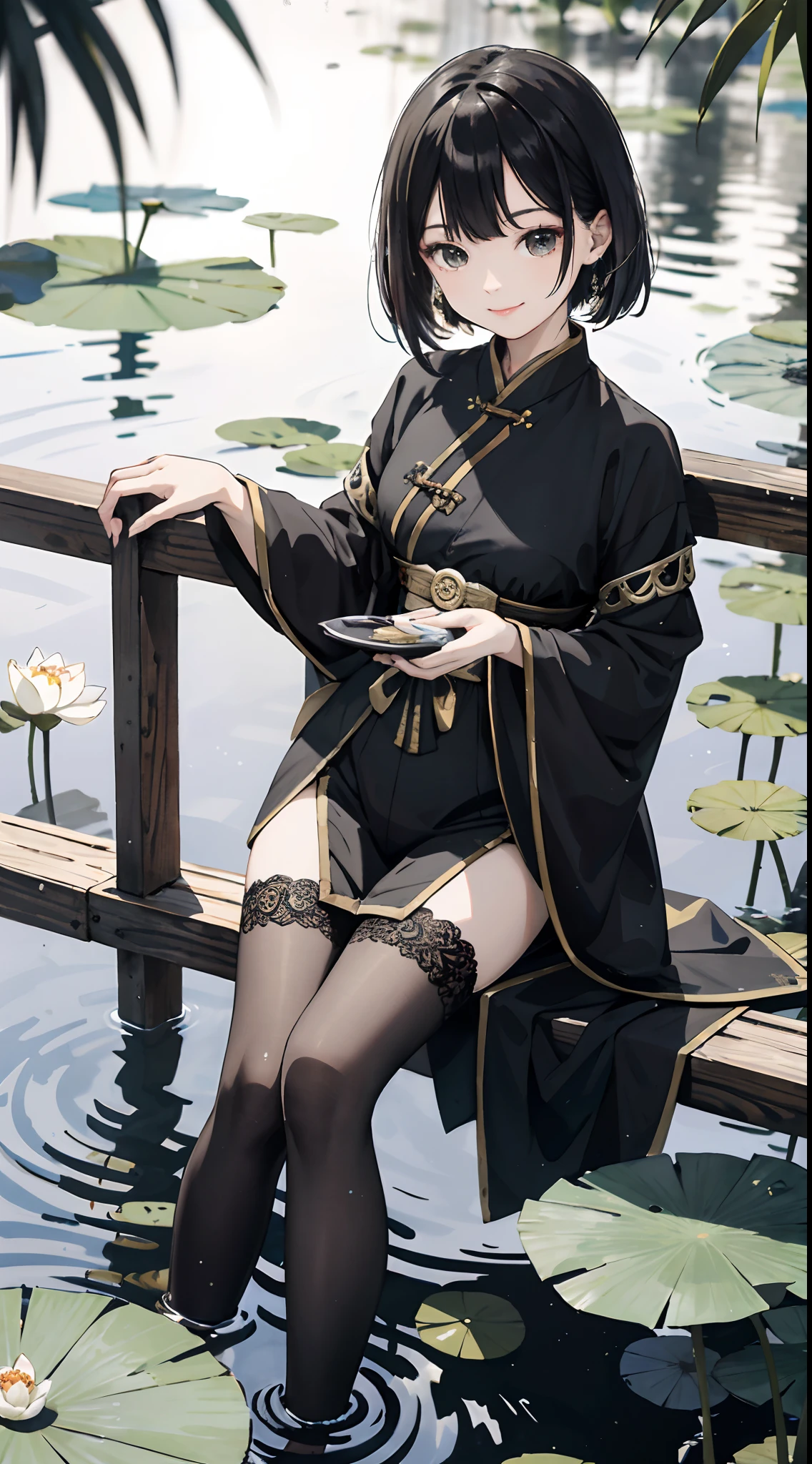 hoang lap,8K high resolution,ultra - detailed,(1girll:1.3),handpainted,Simple lines,-yeld giwearing black Chinese clothing,beuaty girl,In the lotus pond,tmasterpiece,Sit on a plank floating in the water,Floating hair,black pantyhoses,black pantyhoses,looking toward the viewer,ssmile,posed for photo,