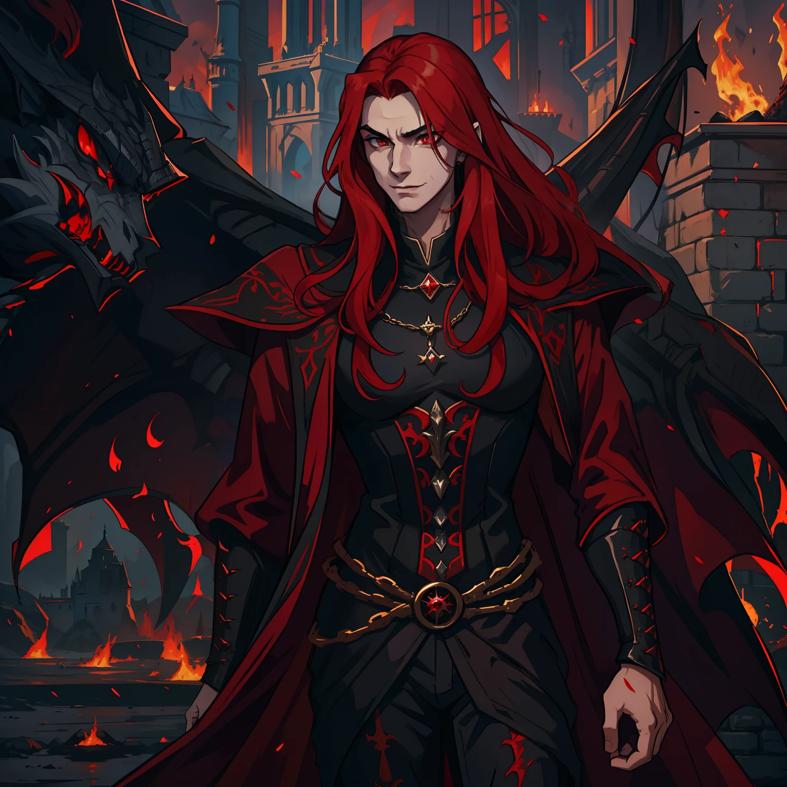 A handsome man with long red hair and red eyes like a king in a dark castle of black rocks, dark colors, he is wearing clothes of a dark and elegant king, like an attractive villain with a seductive smile and a sexy seductive look, is the villain of an RPG is wearing dark medieval clothes; Use dark shades The image has to portray the essence of a villain in dragon clothes, the essence of fire she is inspired by volcanoes her dark essence through a medieval RPG art Conceptual Game Art rpg medieval art art illustration rpg he is young and beautiful a villain with an impressive beauty like that of a seductive vampire a villain smile with a gentle look he is inside a castle in the middle of a medieval royal ball a royal ball a medieval party