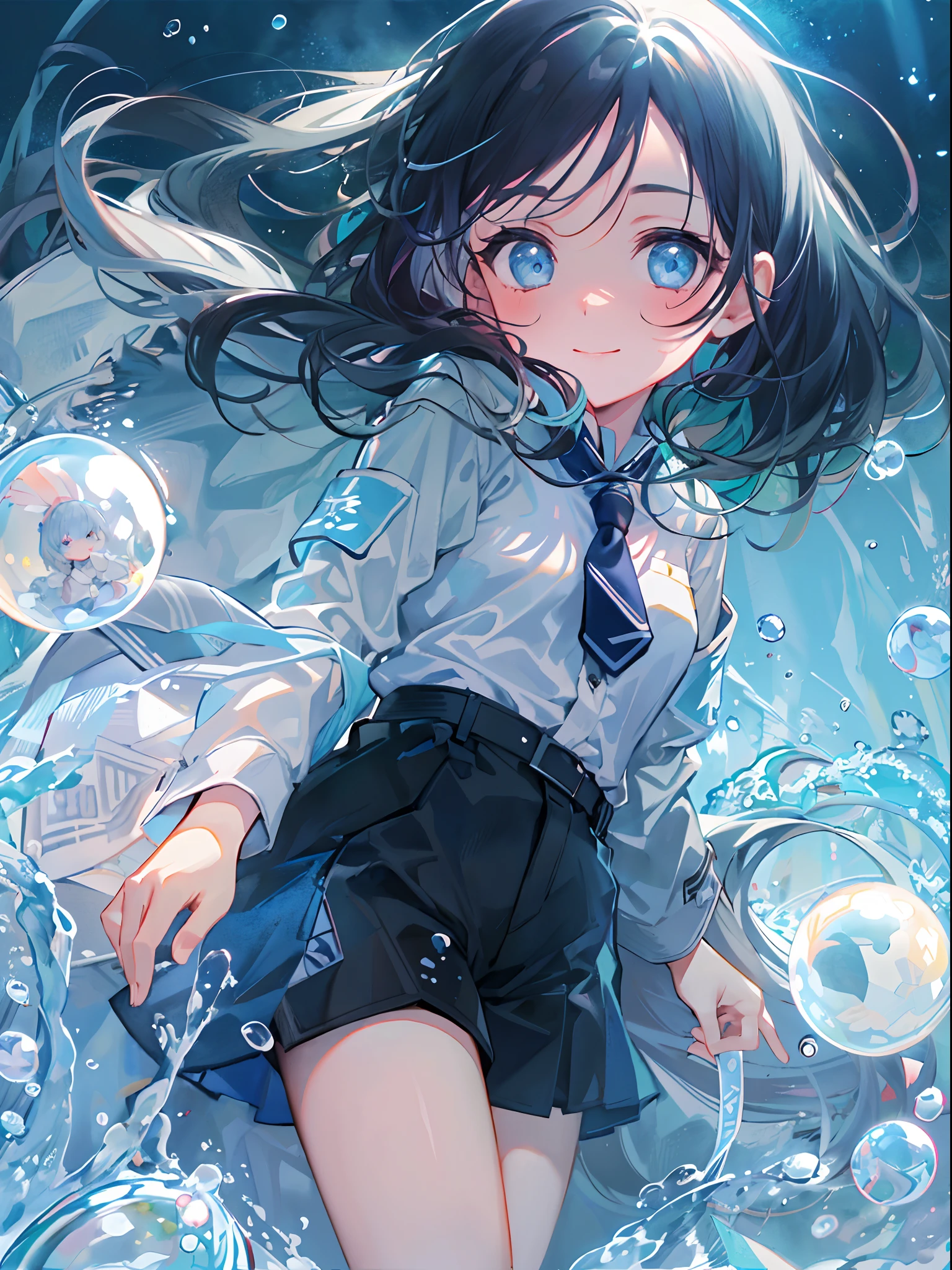 ((top-quality)), ((​masterpiece)), ((ultra-detailliert)), (extremely delicate and beautiful), girl with, 独奏, cold attitude,((Black jacket)),She is very(relax)with  the(Settled down)Looks,A dark-haired, depth of fields,evil smile,Bubble, under the water, Air bubble,bright light blue eyes,Inner color with black hair and light blue tips,Cold background,Bob Hair - Linear Art, shortpants、knee high socks、White uniform like school uniform、Light blue ribbon ties、Clothes are sheer、Hands in pockets