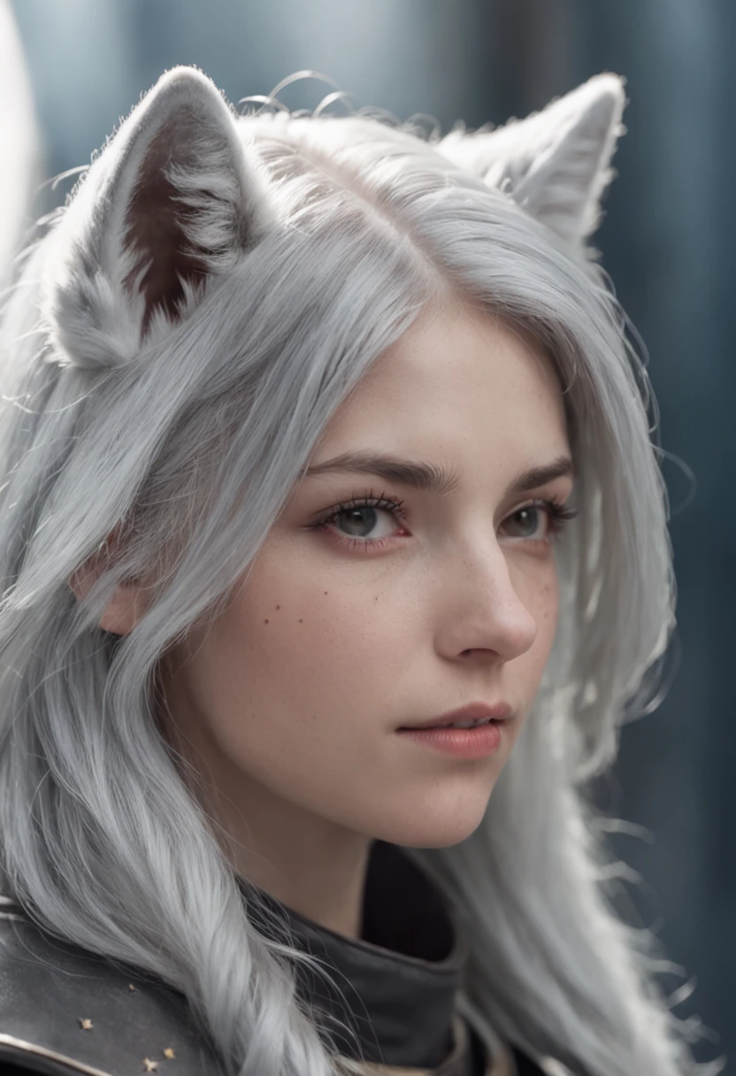 "Silver wolf, with silver-gray hair, a cool teenage girl, in a dystopian world, traversing a celestial railway under a starry sky."