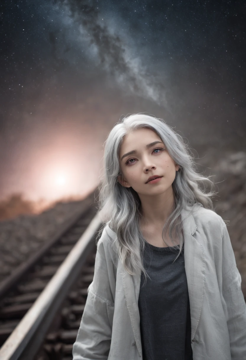 "Silver wolf, with silver-gray hair, a cool age girl, in a dystopian world, traversing a celestial railway under a starry sky."