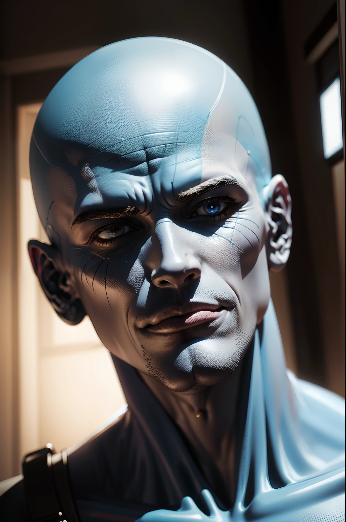 estatua realista, branca, frontal, abstrata, pensando, fundo branco, masculino , careca, corpo completo