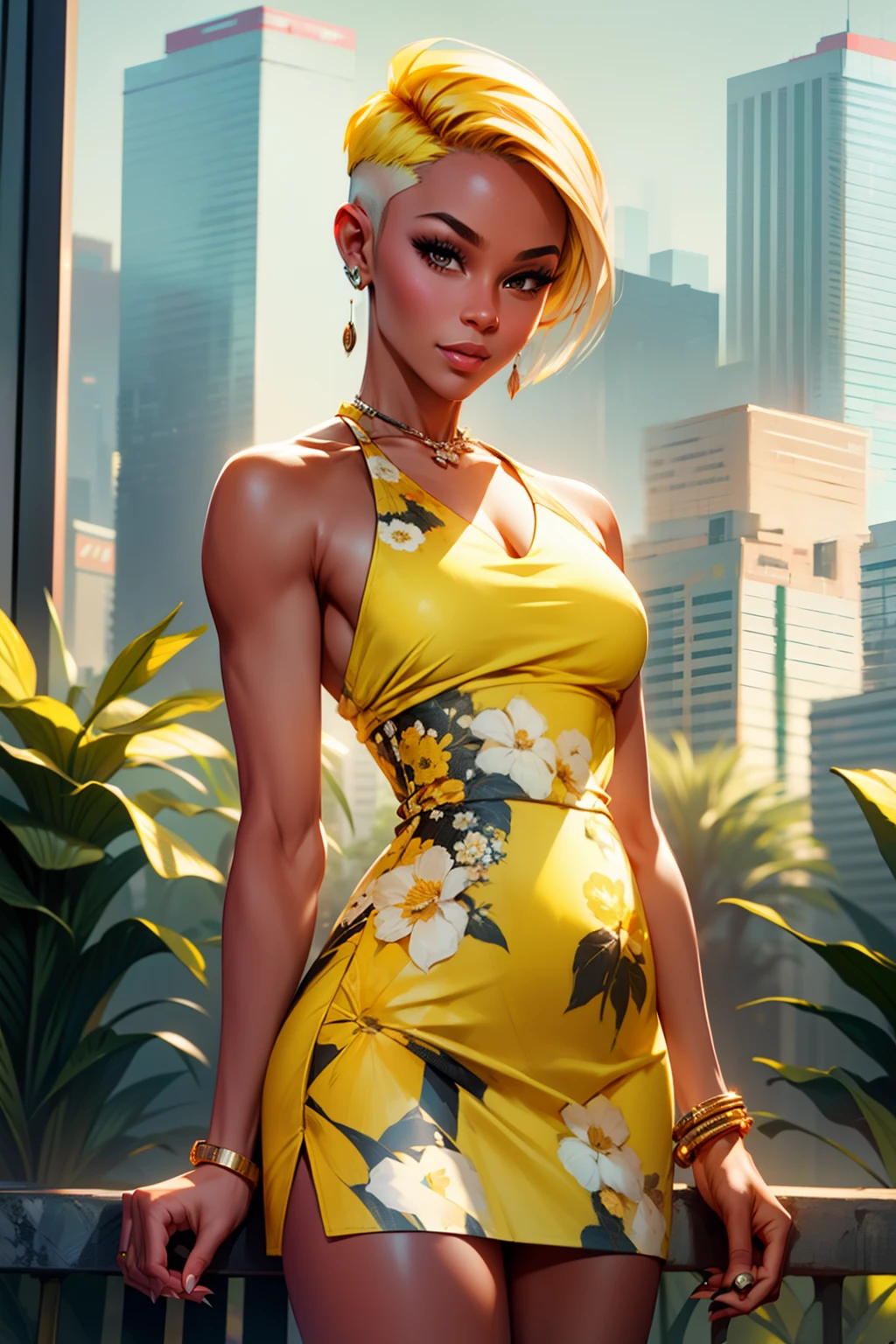 (masterpiece), (best quality), woman, short yellow top fade hair, undercut hairstyle, floral short dress, best quality, (best quality:1.1), ultra detailed, reflections, extremely detailed, 8k, city garden, detailed background