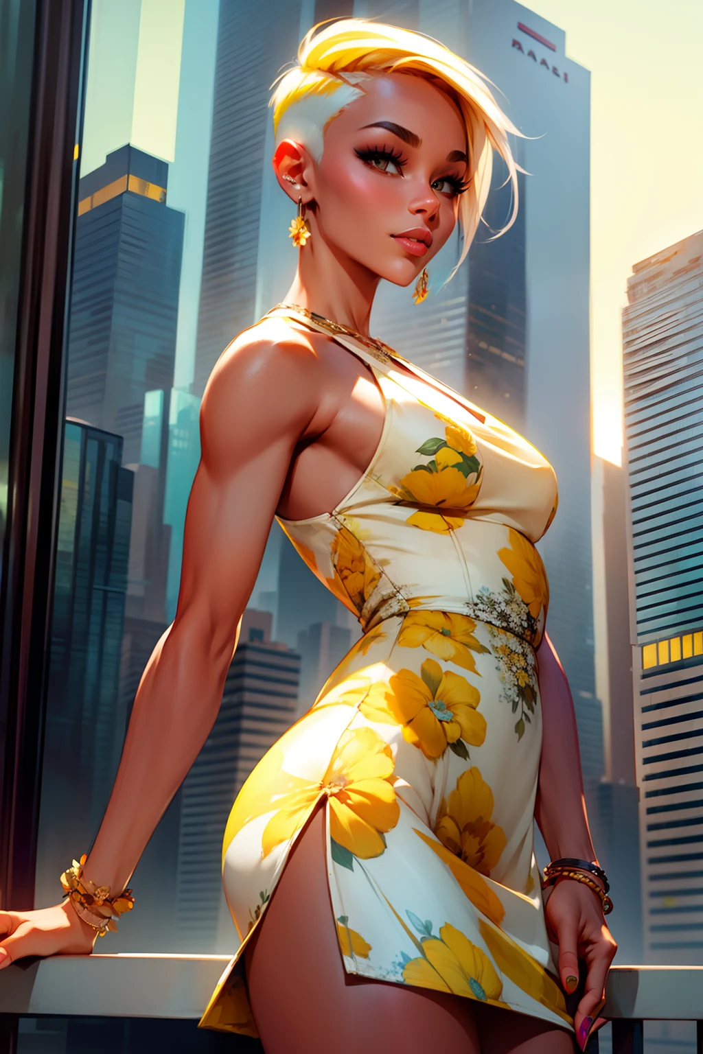 (masterpiece), (best quality), woman, short yellow top fade hair, undercut hairstyle, floral short dress, best quality, (best quality:1.1), ultra detailed, reflections, extremely detailed, 8k, city garden, detailed background