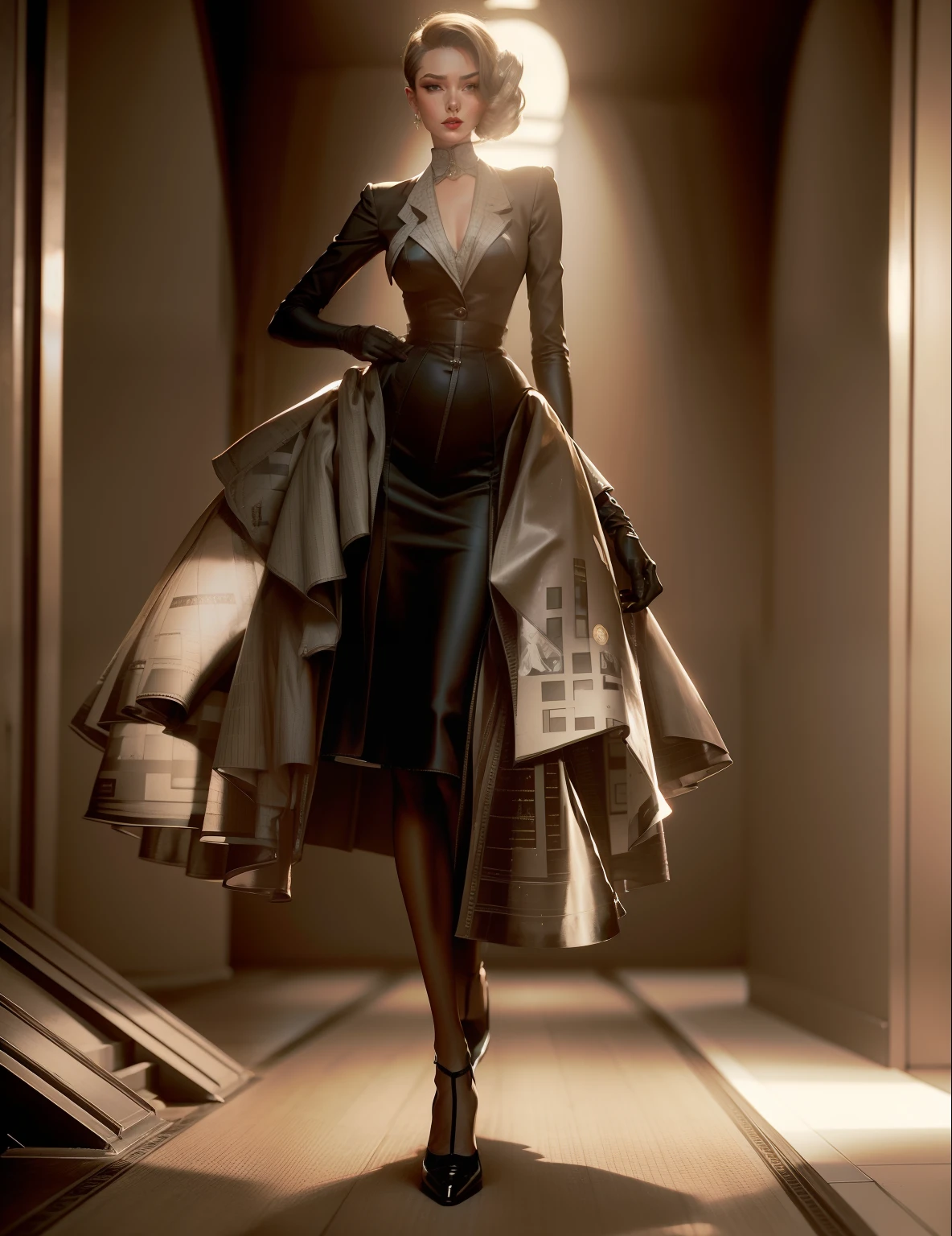1950's, runway, cinched waist, full skirt, and emphasized femininity,Gloves, Tailored Suits, Hourglass Figure, Layers,Empire Waist