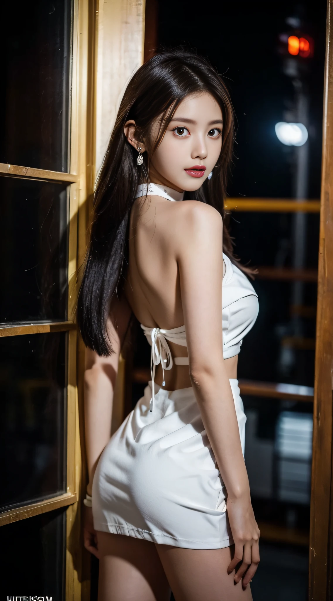 8K,tmasterpiece,RAW photos,best qualtiy,the detail:1.2),hentail realism,Very detailed CG unified 8k,8K,Diamonds and wallpapers,depth of fields,Motion picture film light,Lens flash,Light Tracking,(very pretty look face,beautifullips,beautidful eyes),intricate detail face,((Hyper detailed skin))1girll,Korean female model,Dark night in the dark,deepshadow,Pretty Korean girl,Kpop idol,(Very slim and slender muscular body:1.3),(View the audience),(Tight miniskirt),(Red dress),(Injection sleeve),(City Night,(neon lights sign),(the night),Beautiful Korean girl earrings,bangle,choker necklace,Lace-up pantyhose,Clear eyes,Walk,(paleskin),Face forward,(largeeyes),((upperbody shots)),tightly dress,Silk dress,Lace-up dress,see through dresses,Turning around,back shots,Very slim,slander,slander