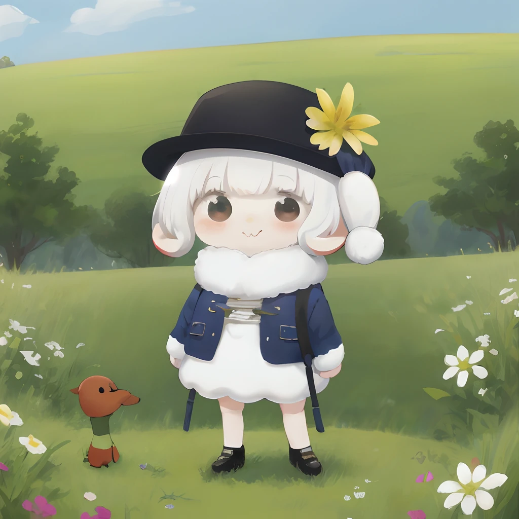 Anime characters in fields with dogs and flowers, small loli girl, lalafell, Loli, cute character, full body portrait of a short!, in a field of flowers, small curvaceous loli, zerochan art, official fanart, loli in dress, made with anime painter studio, in a field