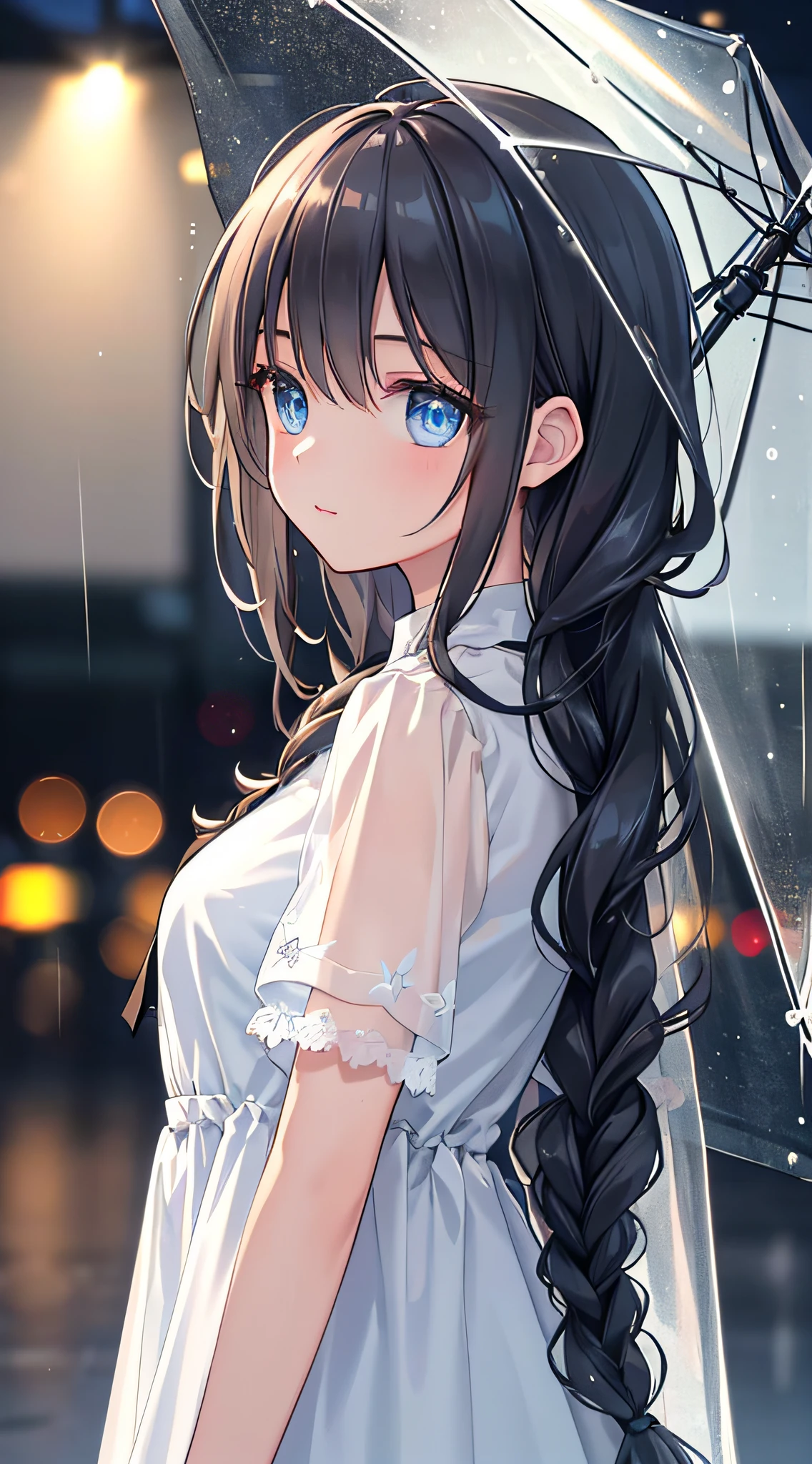 (Masterpiece:1.21), (Best quality:1.331), ((Ultra-detailed)), ((extremely best illustration)), ((Amazing)), (hyper qualit), Gorgeous and rich graphics,
(Extremely delicate and beautiful:1.21), 8K, the wallpaper, (extremely beautiful lighting), hard light, Delicate composition, (Perfect positioning), (extremely beautiful and detailed background:1.21), Rembrandt style expression of light and shadow, Dark tone, (Low profile, high differential color levels), ((Depth of field)), deepshadow,
Dynamic Angle, From the side Side, Upper body, Radial blur,
rain, (City lights, The background is blurred out),
(1girll),(Beautiful detailed eyes), Clear blue eyes, Long silver French braided hair,
camouflage uniform,
Transparent raincoat, Wet clothes and wet skin and dripping wet hair,
Lens flare, String Light, street,, Masterpiece, Best quality,