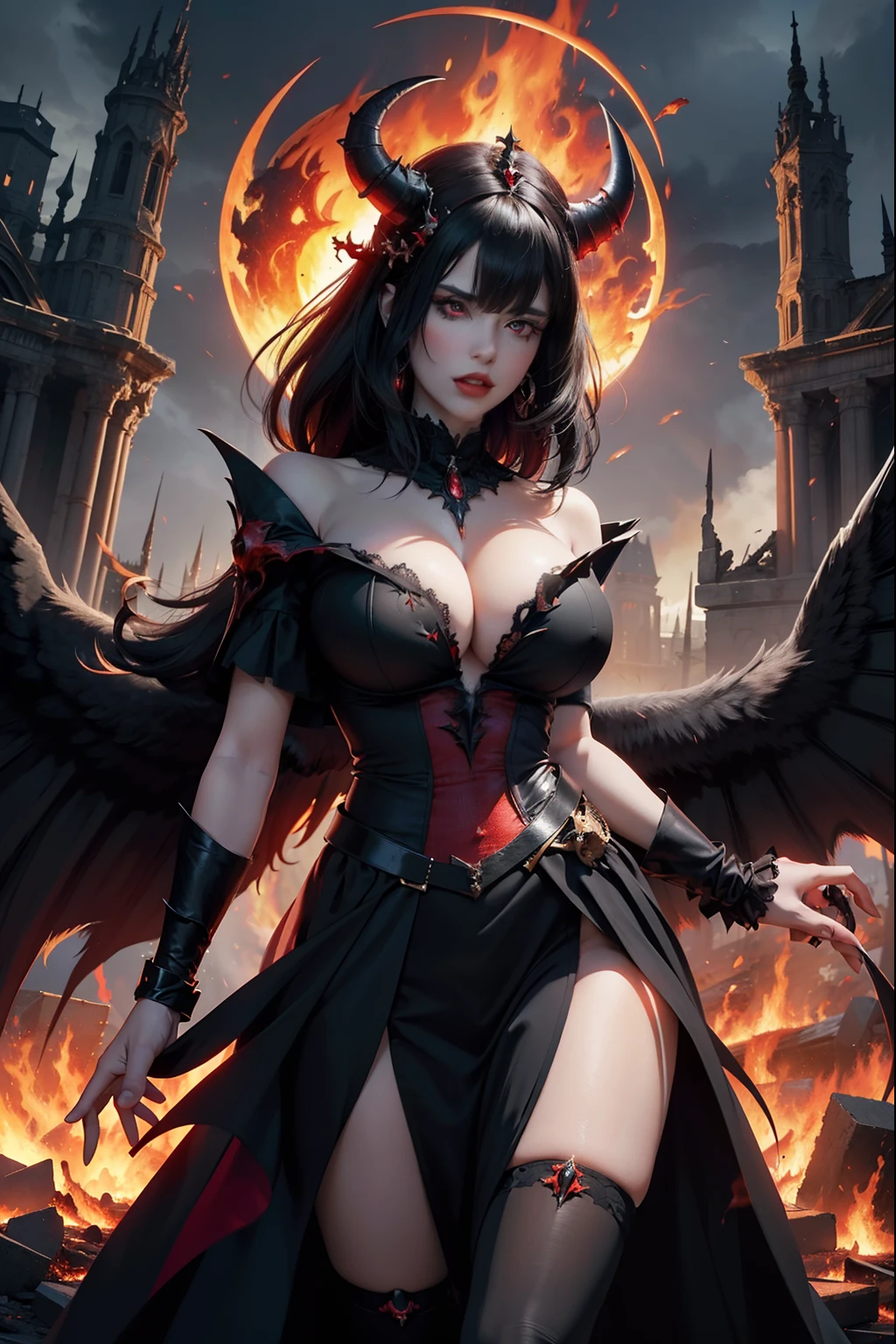 Ultra-detailed Lisa Ann stands atop a pile of burning ruins, Her diabolical and insidious presence radiating from her dark crown and black and red evil queen dress...... Her demon wings on her back and demon horn give her an invincible aura as she unleashes a powerful wave of destruction with a single gesture..........