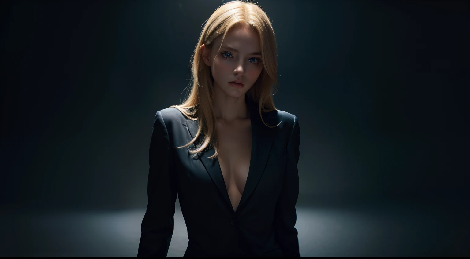 Best quality, masterpiece, ultra high res, (photorealistic:1.4), raw photo, 1girl, blonde hair, blue eyes, detailed eyes and face, black suit, dynamic lighting, in the dark, deep shadow, low key, cowboy shot full-lenght body