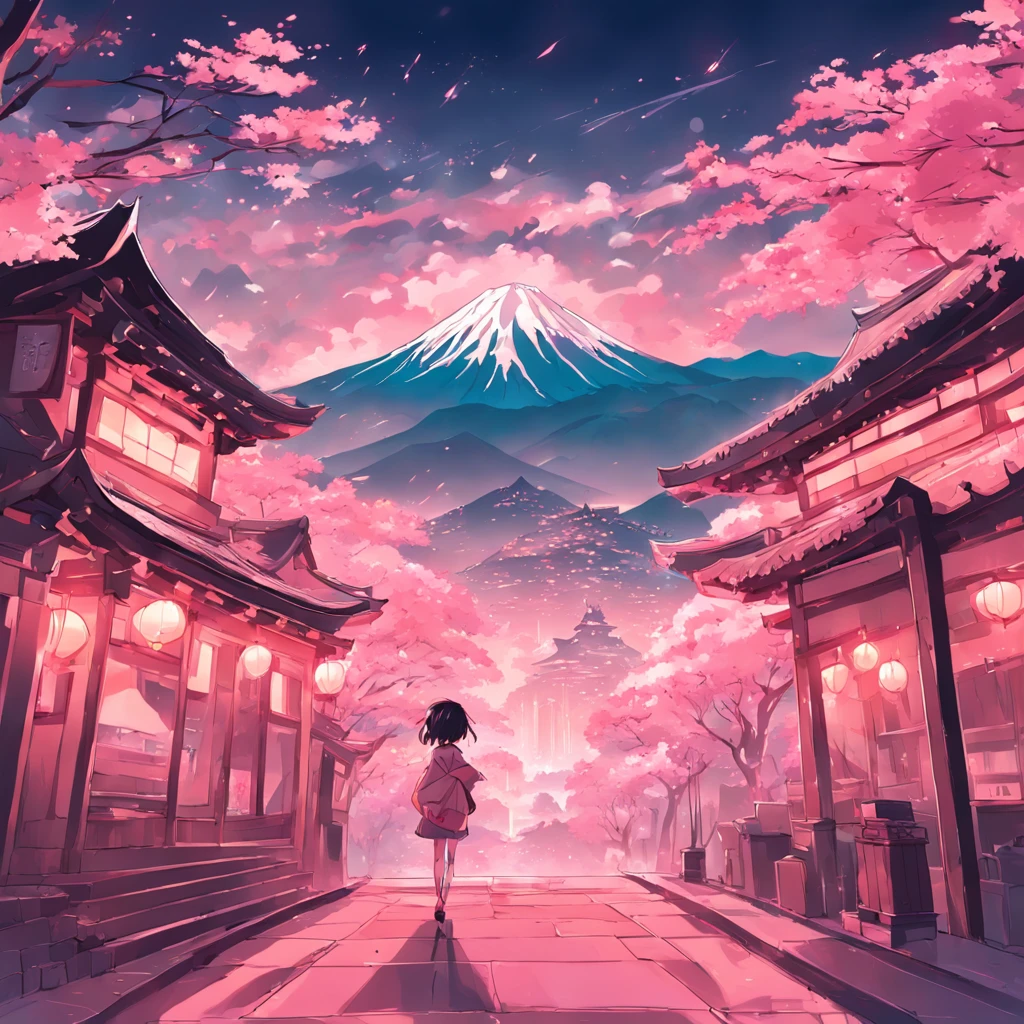 Poster with Japan buildings and mountains in the background, In the style of light teal and dark pink, Traditional animation, Trip, Layered Images, traditional, vintage images, cherryblossom
