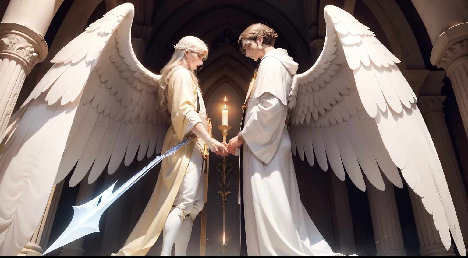 two great archangels with great wings, strong men in long white robes standing far apart from each other, each of the angels with a sharp sword