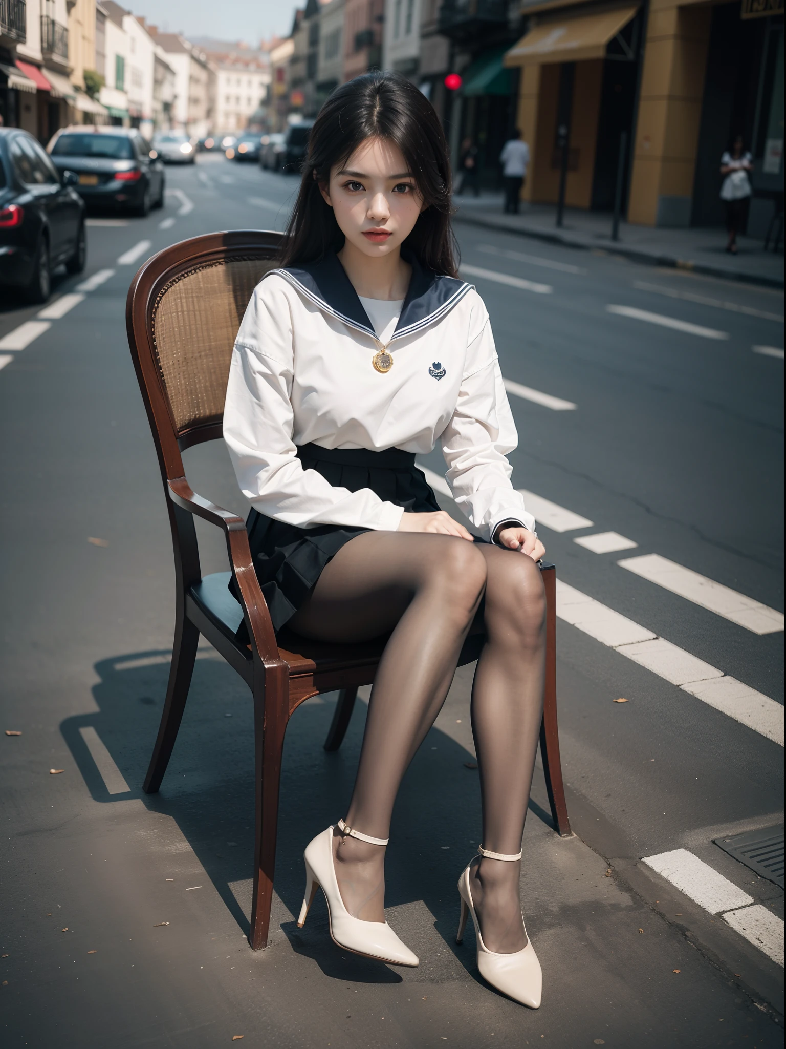 (full body:1.5)，((1girl):1.4),(view the viewer:1.4)，(anatomy correct:1.3),(Sitting on a chair by the street:1.2),(A yellow and white Sailor suit and checkered high waisted pleated skirt :1.2),((tan Pantyhose):1.3),( girl pointed thick heels :1.1)，(Foot ring:1.3),(Accurate and perfect face:1.3),hyper HD, Ray traching, reflective light， structurally correct, Award-Awarded, high detail, lighten shade contrast, Face lighting ，cinematic lighting, masterpiece, super detailing, high quality, high detail, best quality, 16k，High contrast,