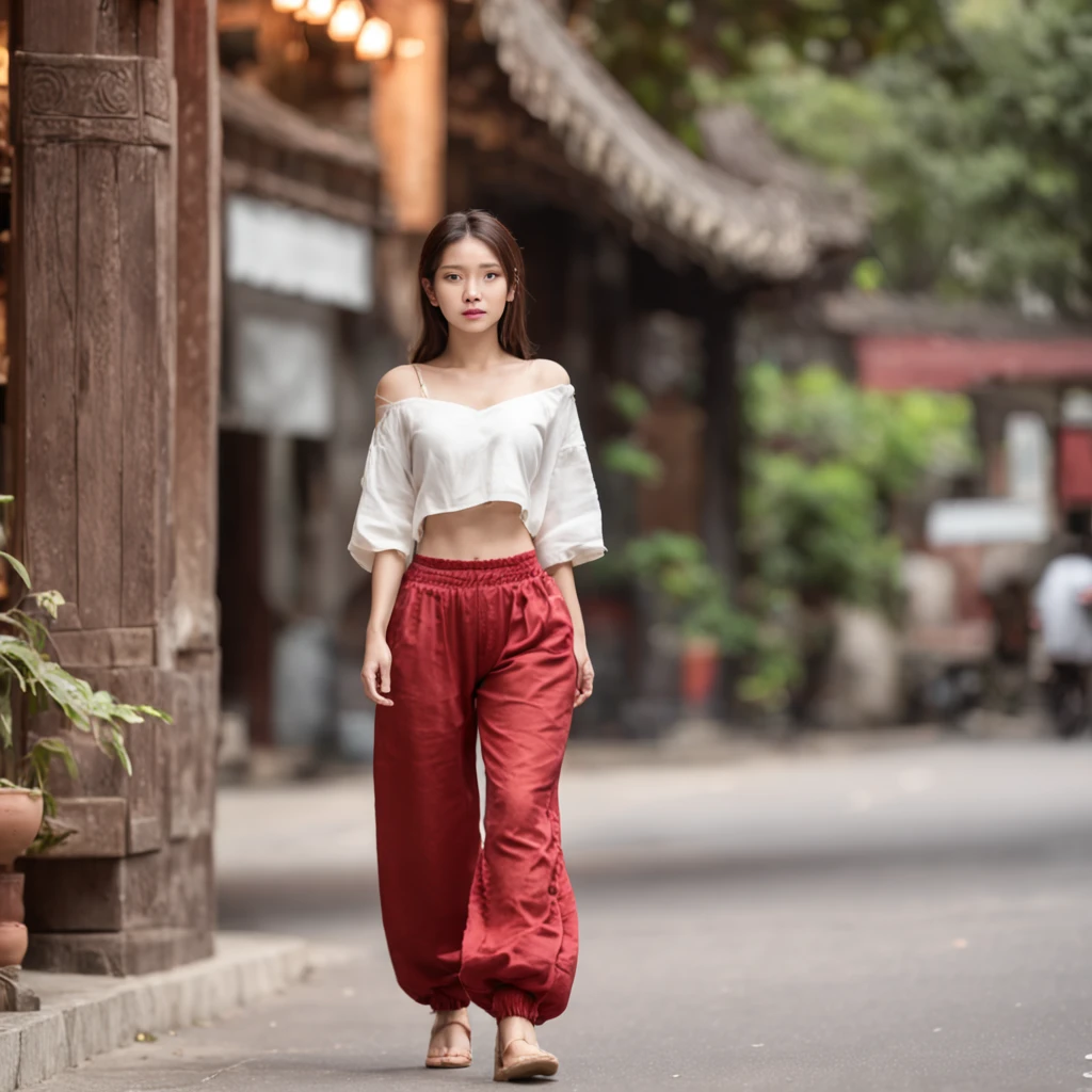 (Best quality:1.4), (超高分辨率:1.2), (Photorealistic:1.4), (8K, RAW photo:1.2),(Medium shot  :1.4), (Brown eyes), Girl walking down the street, Wearing ( Red Thai elephant harem pants:1.3),(White top:1.2), (Nice shoes),(Natural light),(rim-light)