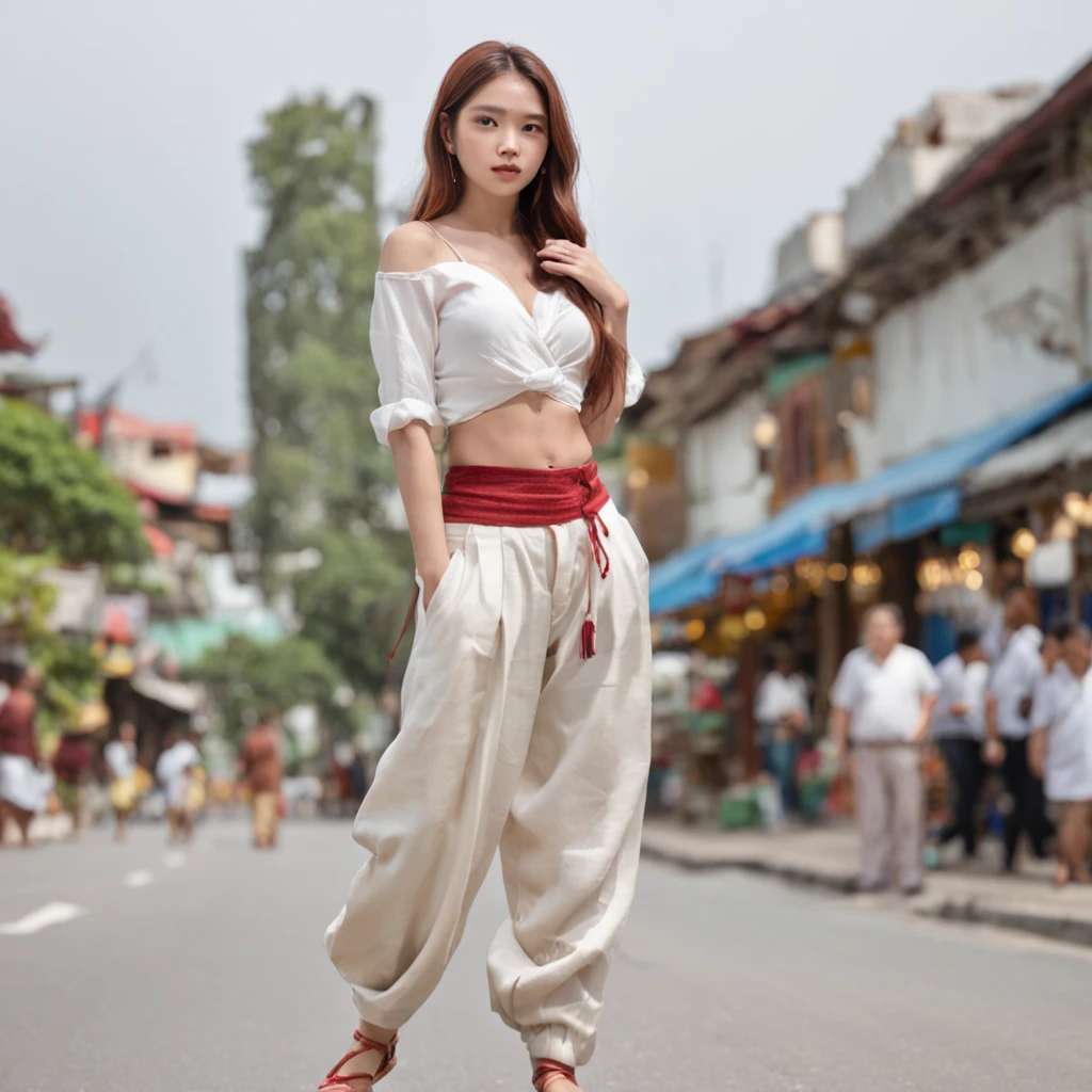 (Best quality:1.4), (超高分辨率:1.2), (Photorealistic:1.4), (8K, RAW photo:1.2),(Medium shot :1.4), (Brown eyes), Girl walking down the street, Wearing ( Red Thai elephant harem pants:1.3),(White top:1.2), (Nice shoes),(Natural light),(rim-light)