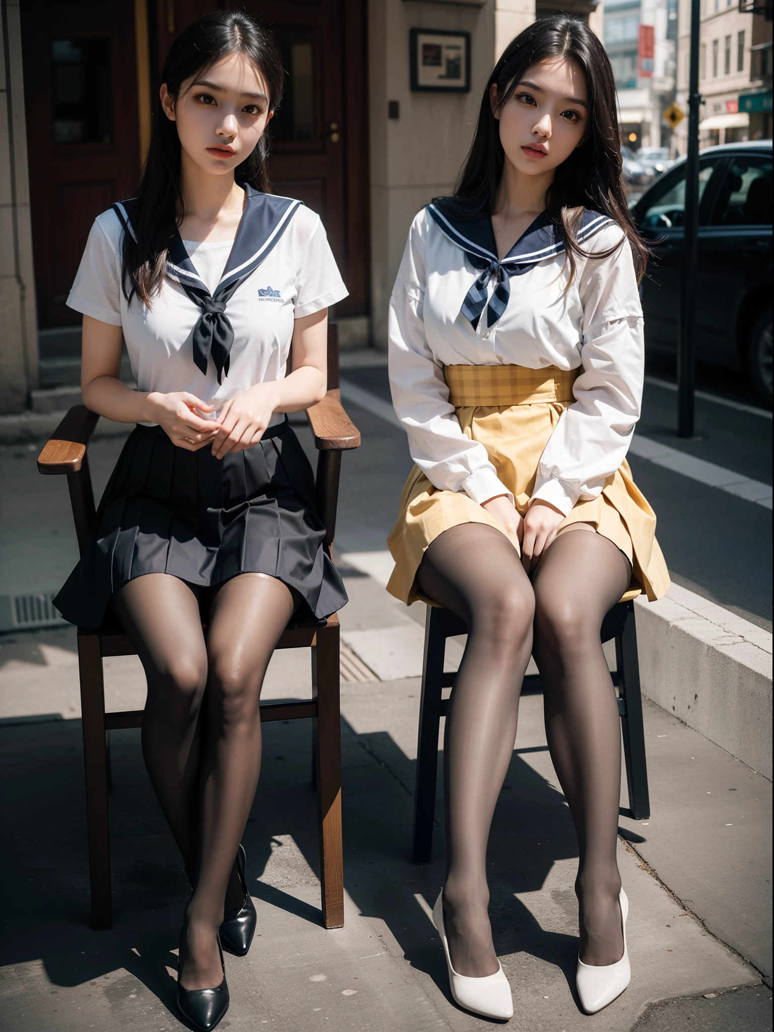 (full body:1.5)，((1girl):1.4),(view the viewer:1.4)，(anatomy correct:1.3),(Sitting on a chair by the street:1.2),(A yellow and white Sailor suit and checkered high waisted pleated skirt :1.2),((tan Pantyhose):1.3),( girl pointed thick heels :1.1)，(Foot ring:1.3),(Accurate and perfect face:1.3),hyper HD, Ray traching, reflective light， structurally correct, Award-Awarded, high detail, lighten shade contrast, Face lighting ，cinematic lighting, masterpiece, super detailing, high quality, high detail, best quality, 16k，High contrast,