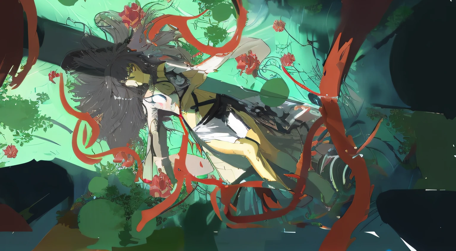 Anime girl with long hair and black dress on green background, drawn in anime painter studio, made with anime painter studio, dreamy psychedelic anime, advanced digital anime art ”, anime abstract art, screenshot from guro anime, anime styled digital art, digital advanced anime art, anime still film anime shikishi, inspired by amano, advanced digital anime art