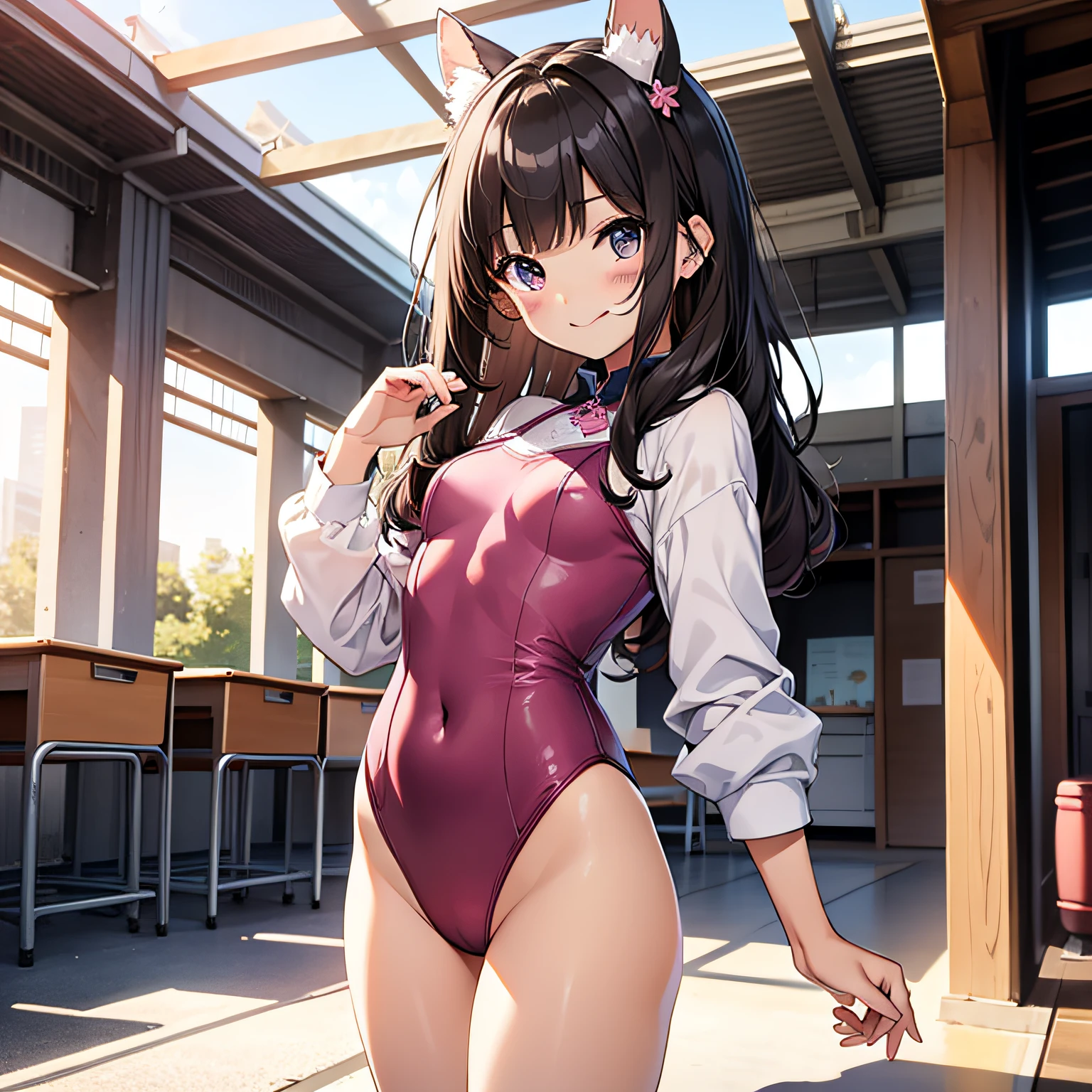 top-quality、extremely delicate and beautiful、Elementary school girls、5th grade elementary school、pink leotard、silly smile、A dark-haired、is standing、Twin-tailed