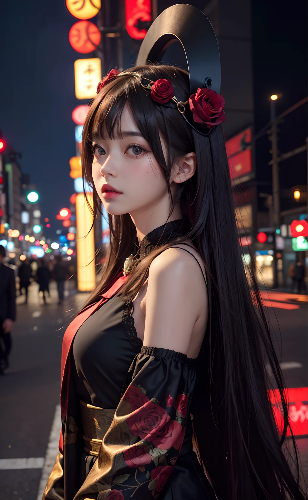 1girl, Tokyo street,night, cityscape,city lights, upper body,close-up, 8k, RAW photo, best quality, masterpiece,realistic, photo-realistic,headgear of red rose, parted bangs, long hair,