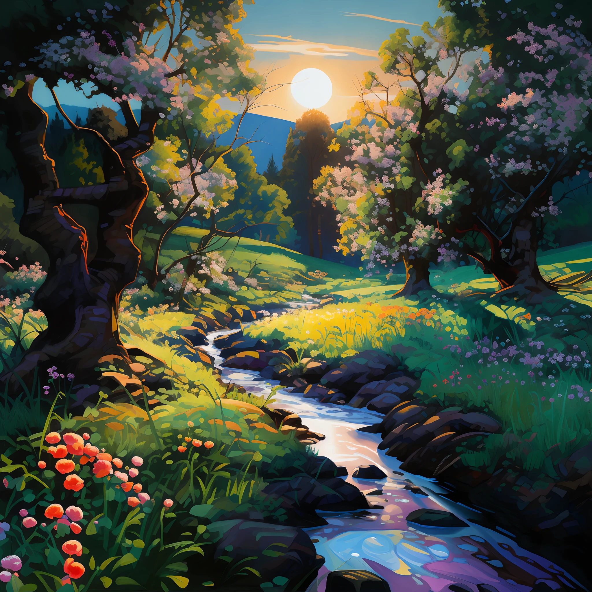 painting of a stream running through a lush green forest with flowers, spring evening, hildebrandt, style of tim hildebrandt, blissful landscape, radiant morning light, stream of love and happiness, virgil finlaytim hildebrandt, a beautiful landscape, scenery artwork, beautifully lit landscape, scenery art detailed, peaceful landscape, beautiful art uhd 4 k, springtime morning