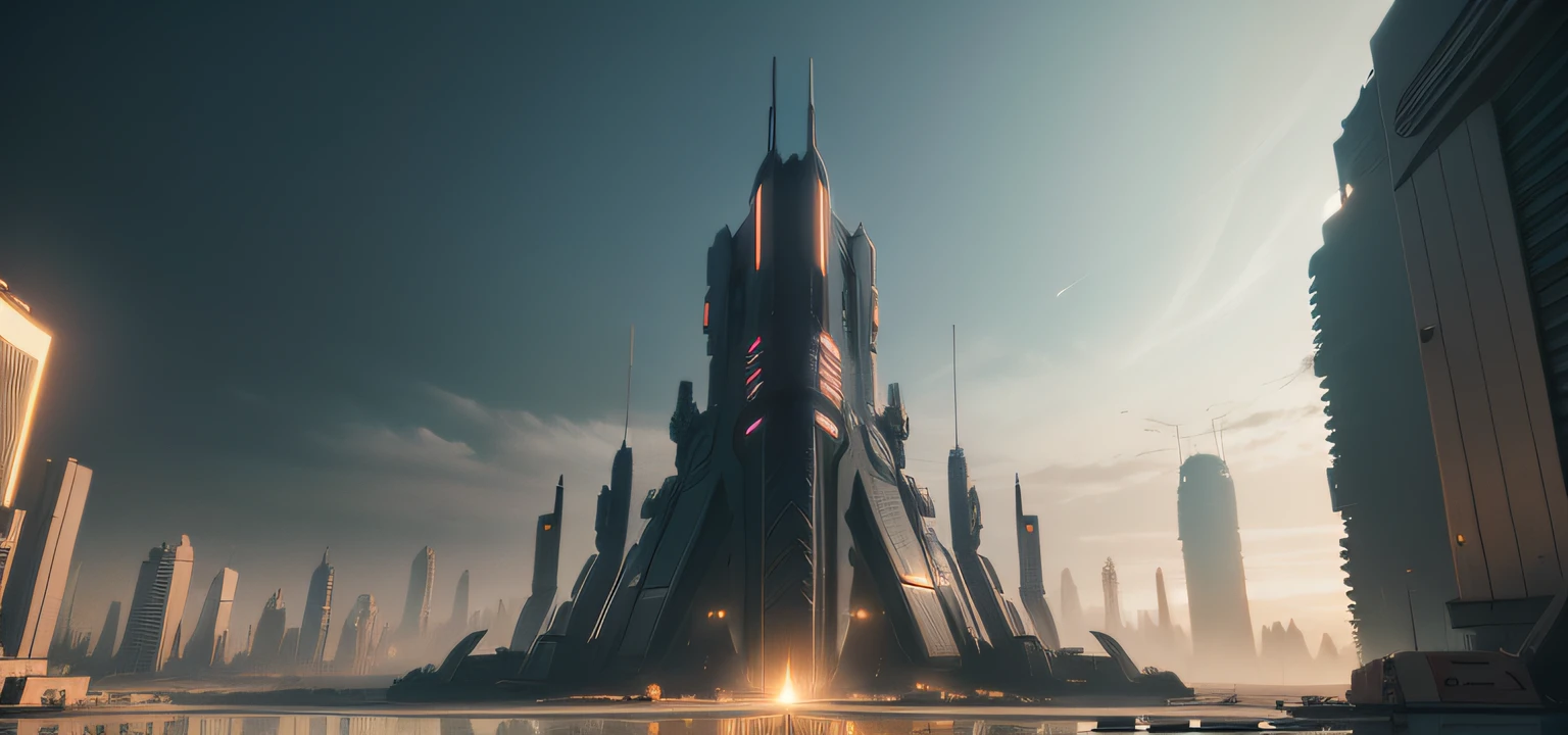 a shot of a highly advanced star shaped tower from ground to upward in the middle of desolate cityscape,dystopian world, cinematic beeple, bipe. octan render, beep rendering, estilo cyberpunk hiper-realista, dystopian scifi apocalypse, 3d render bipe, digital concept art of dystopian, arstation e bipe altamente, beeple global illumination