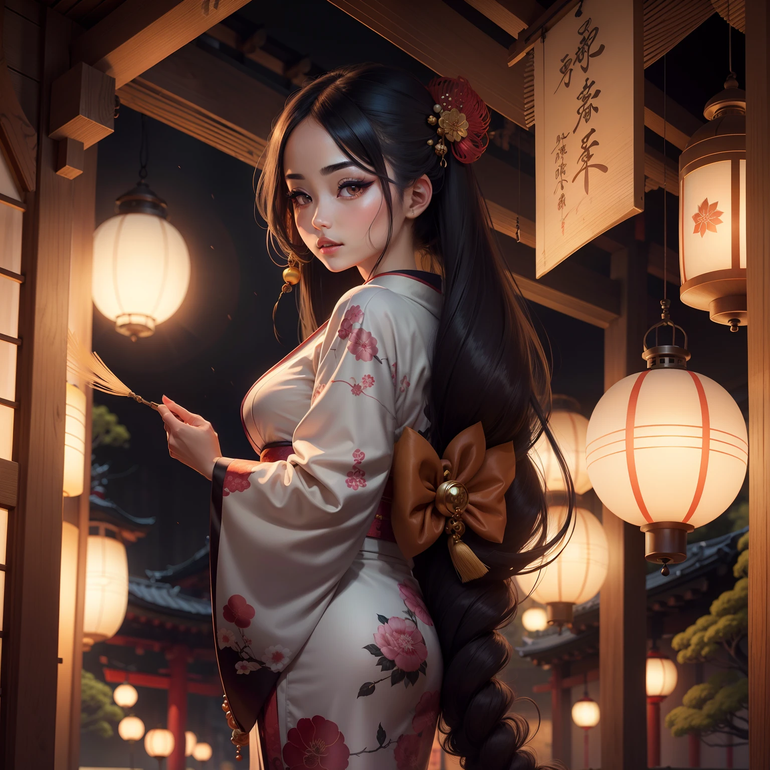 Sexy woman with long eyelashes big eyes standing in wind chimes wearing kimono with long hair tied upstyled in Japan landscape