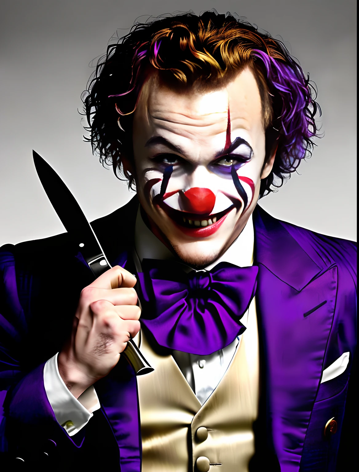 The clown played by Heath Ledger,In the dim light,Wearing a purple tuxedo,Laugh maniacally in front of you,Holding a knife in his left hand, He made the motion of cutting the corners of his mouth,。
