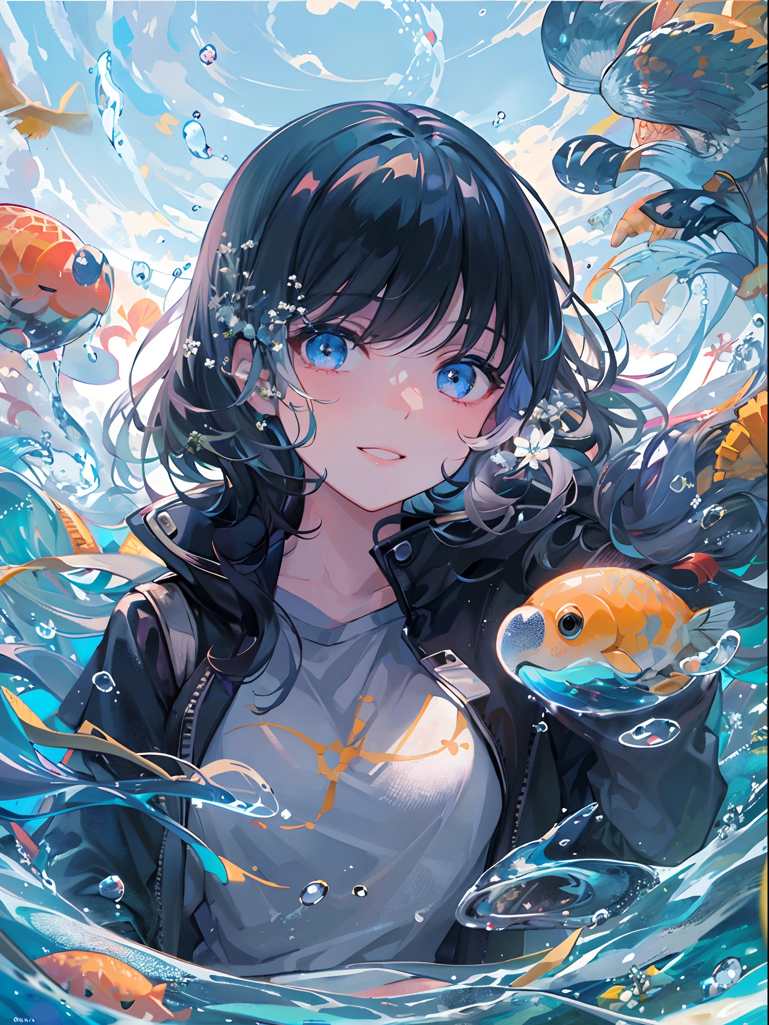 ((top-quality)), ((masterpiece)), ((ultra-detailliert)), (extremely delicate and beautiful), girl with, 独奏, cold attitude,((Black jacket)),She is very(relax)with the(Settled down)Looks,A dark-haired, depth of fields,evil smile,Bubble, under the water, Air bubble,bright light blue eyes,Inner color with black hair and light blue tips,Cold background,Bob Hair - Linear Art, shortpants、knee high socks、Camisole inner shirt、Hands in pockets