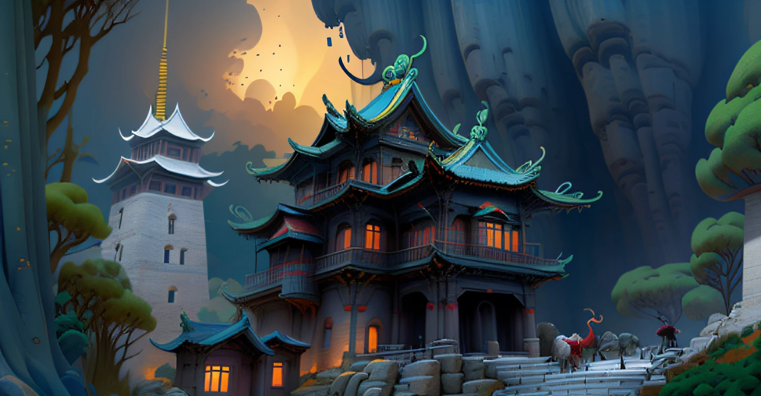 （（best qualtiy））， （（tmasterpiece）） ,3D，（(mont)），（(flod)），ancient buildings of China，Dao Mountain Fire Sea,Ghosts，donkey，Chicken，pigs，Ghosts，Chicken-headed man，Donkey-headed people