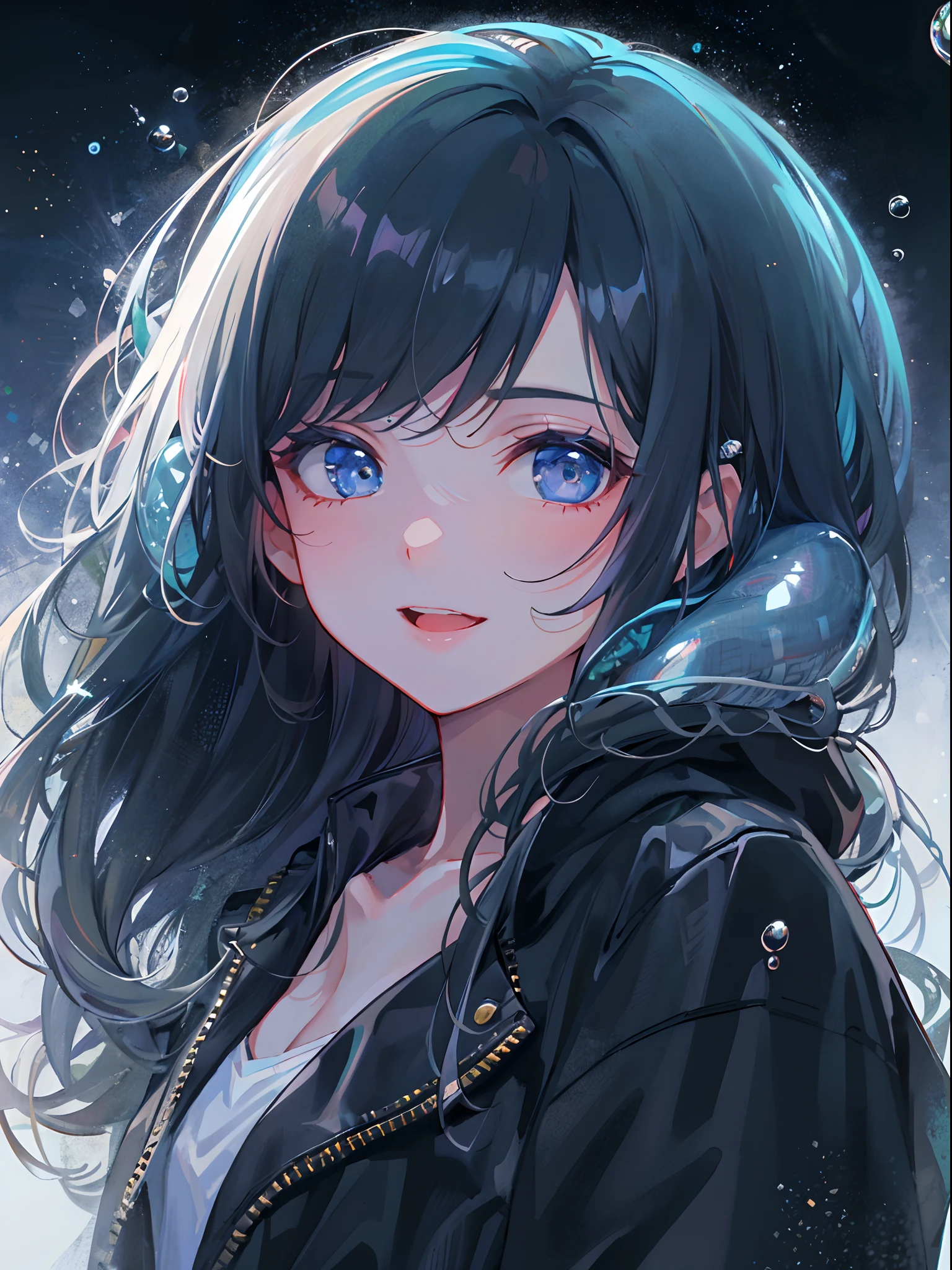 ((top-quality)), ((masterpiece)), ((ultra-detailliert)), (extremely delicate and beautiful), girl with, 独奏, cold attitude,((Black jacket)),She is very(relax)with the(Settled down)Looks,A dark-haired, depth of fields,evil smile,Bubble, under the water, Air bubble,bright light blue eyes,Inner color with black hair and light blue tips,Cold background,Bob Hair - Linear Art, shortpants、knee high socks、Camisole inner shirt、Hands in pockets