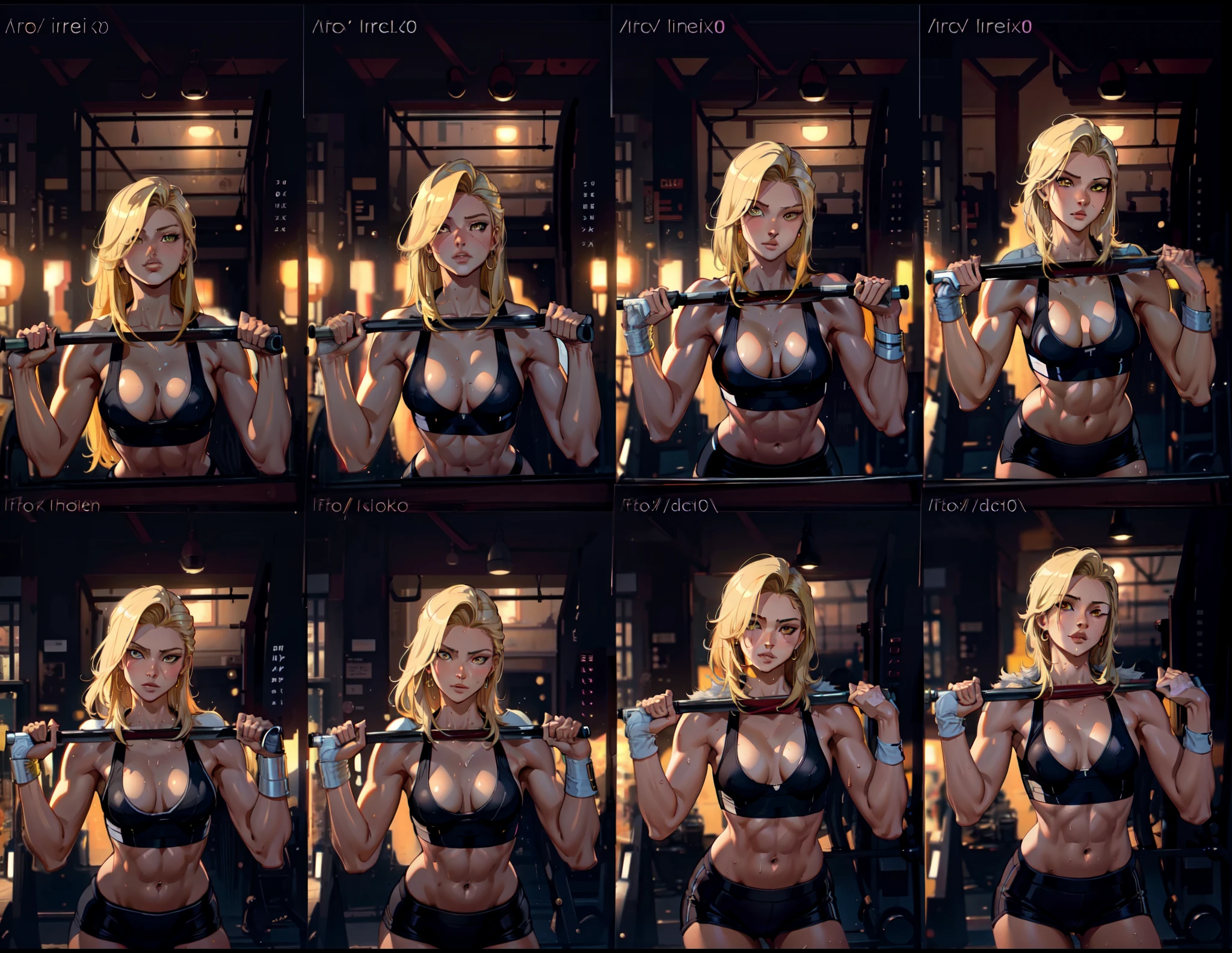 a set of nine different poses of a hot woman, unparalleled masterpiece, ultra realistic 8k CG, perfect artwork, (1girl:1.1) , solo, ((perfect female figure)), (nsfw), looking at viewer, mature female, (teasing), best quality:1.1 , seductive posture, sexy pose, alluring, (beautiful), (curvy), (thick), blonde hair, (yellow eyes:1.2), short hair, earrings, jewelry, denim vest, open vest, black pantyhose, black shirt, denim shorts, striped long sleeves, toned legs, fit, (abs:1.1), (big butt:1.4), peach ass, (athletic body:1.2), (small breasts:1.3, (medium_breasts:1.1), wide_hips:1.5, narrow waist, small waist:1.5, slender body:1.2, thick thighs:1.3), (shiny skin:1.2), (hdr), (street:1.2), Nikon D850 film stock photograph Kodak Portra 400 camera f1.6 lens, rich colors, lifelike texture, dramatic lighting, unreal engine, trending on ArtStation, by Gerald Brom, by Frank Frazetta, by Luis Royo, by Julie Bell, by Boris Vallejo, working out, black underwear, sexy, erotic, a set of nine different poses of a woman in a black outfit, set of high quality hd sprites, spritesheet, intricate, sprite sheet, blond character, fullbody pose, style mix of æon flux, erotic , vfx spritesheet!!!!! arafed woman in a black bikini doing a squat, working out, in a gym, android 18 at the gym, sweaty, gym, sweat, sport bra and shorts, musclar girl , sweaty 4 k, workout, bum, shoulders can be seen, flexing, sweating hard, tomboy, short hair blond girl, arafed image of a woman doing a barbell squat, working out, shoulders up, nicole aniston, nina agdal, gif, thrusters, workout, montage, seamless, toned, in a gym, alana fletcher, upper body!!, put on 1 0 0 pounds of muscle, six packs, lifting weights, well toned, fitness model, muscle definition, by front, look at viwer, beatifull face