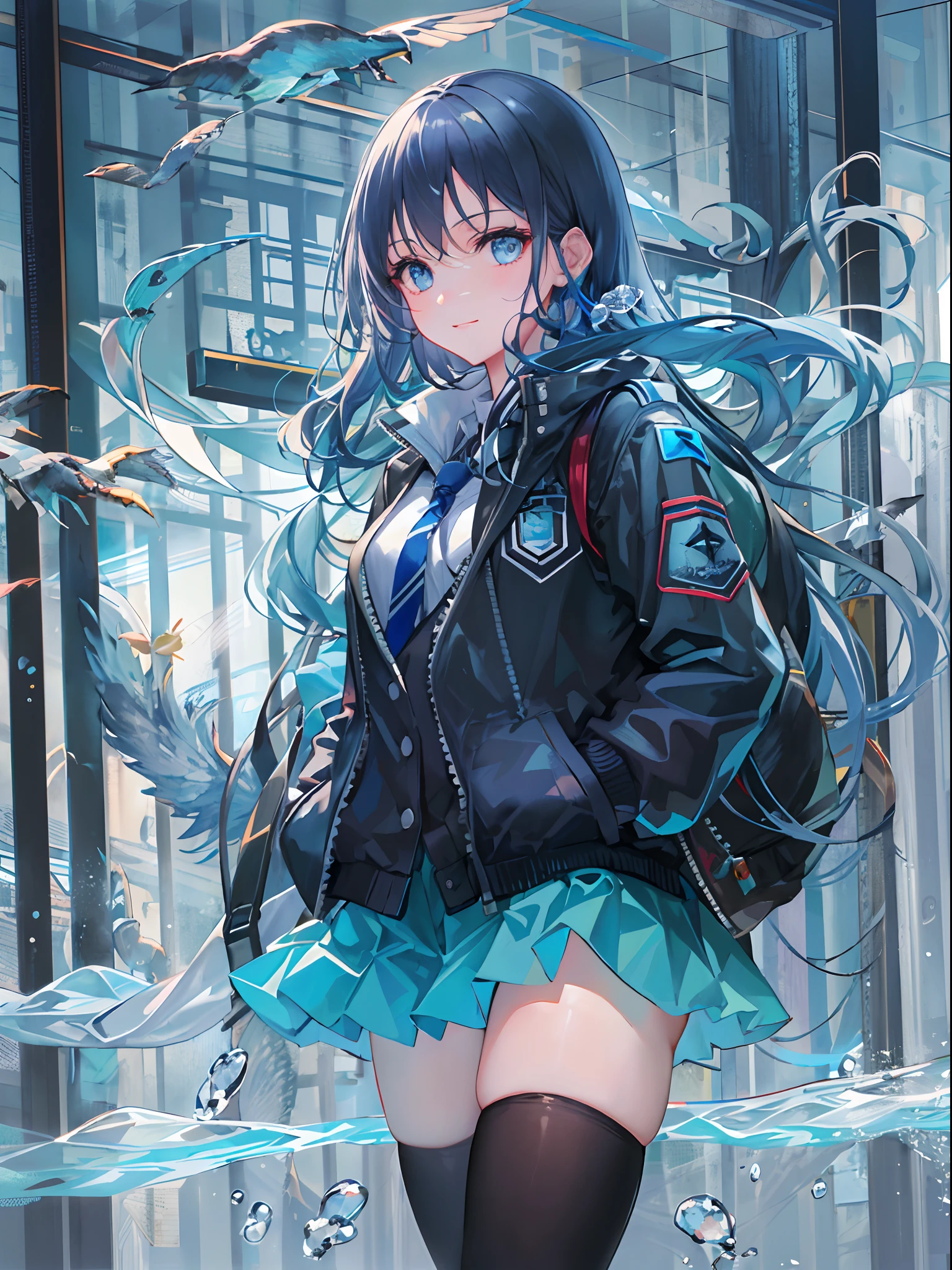 ((top-quality)), ((masterpiece)), ((ultra-detailliert)), (extremely delicate and beautiful), girl with, 独奏, cold attitude,((Black jacket)),She is very(relax)with the(Settled down)Looks,A dark-haired, depth of fields,evil smile,Bubble, under the water, Air bubble,bright light blue eyes,Inner color with black hair and light blue tips,Cold background,Bob Hair - Linear Art, shortpants、knee high socks、White uniform like school uniform、Light blue ribbon ties、Clothes are sheer、Hands in pockets