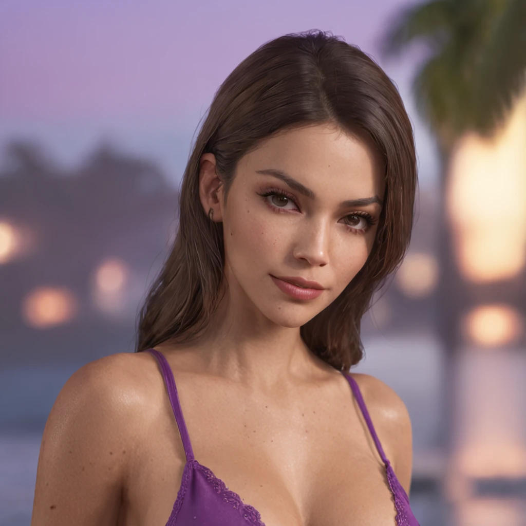 Hot young girl with model appearance looks like Sofia Vergara in a small purple bikini, after rain, a neat nose, Perfect smile, proudly looking at the camera, tanned Mexican woman, in full height, Hands Behind Your Back, pouty lips, good tits, boobs falling out of the bikini, GTA 5 screensaver, GTA 5 style, stands on the street from GTA 5, against the background of green buildings from GTA 5, Old green car on the background of GTA 5, Passionate gaze, hot weather, Moisture of calf, Hot summer, Rich photo, 4K, 真实感, GTA 5